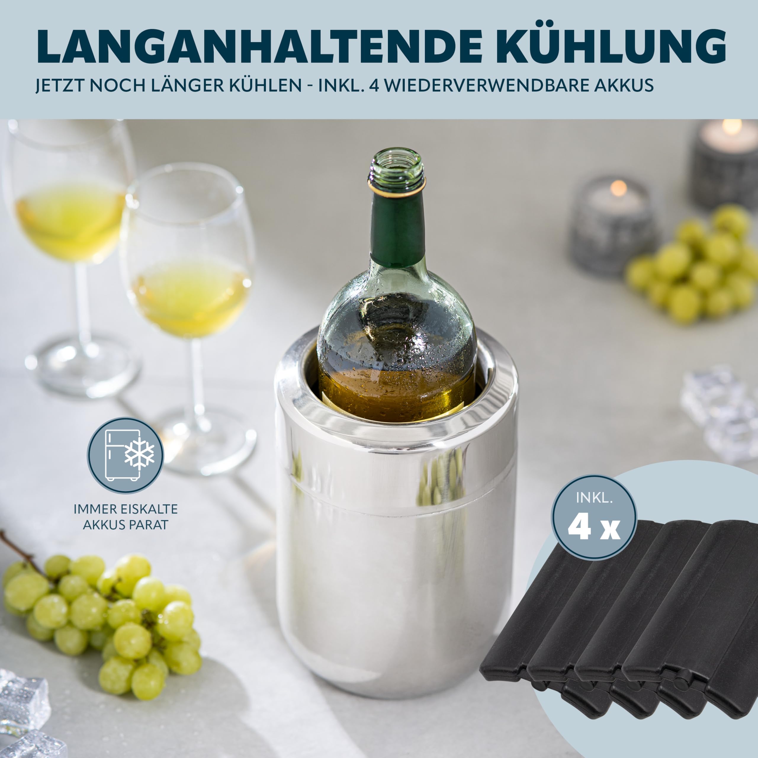 bremermann Edelstahl-Flaschenkühler mit Kühlakkus, Kühler für 750 ml-Flaschen, rund