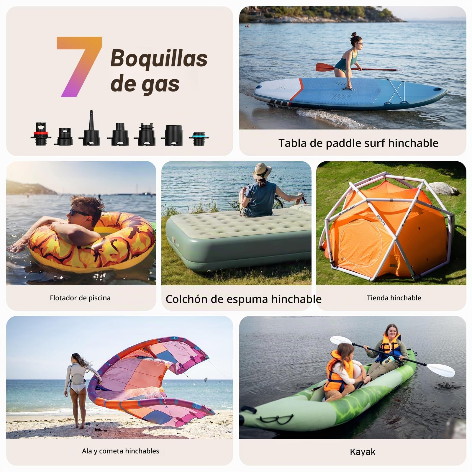 Bomba Sup eléctrica, Sup Recargable 20 PSI, inflado rápido | 5 min hasta 12 PSI, 1,14 kg ligera, Batería 38,48Wh, Inflado/desinflado doble etapa, 7 boquillas, SUP, barcos, kayaks