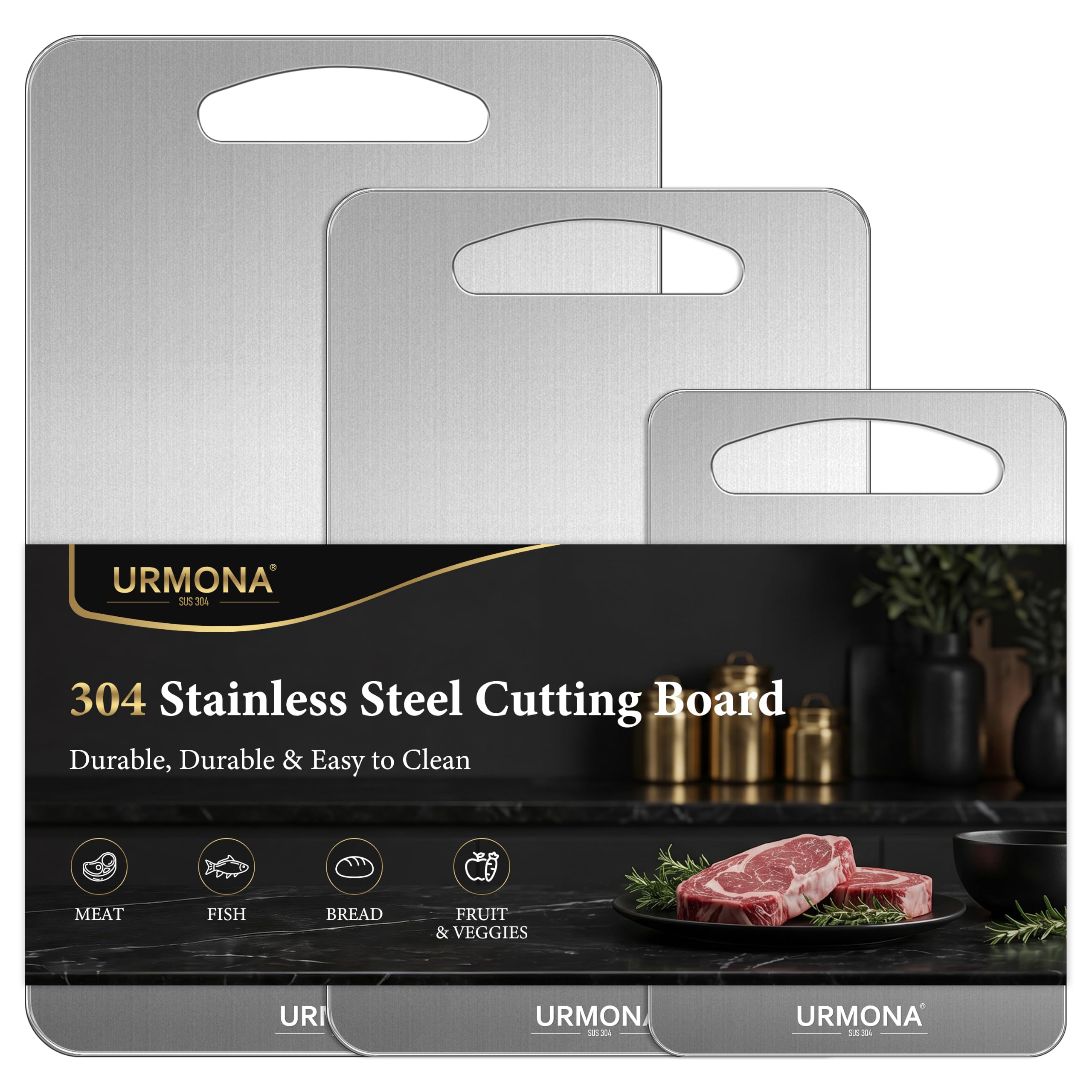 URMONA 3 PCS 304 Stainless Steel Cutting Board Set