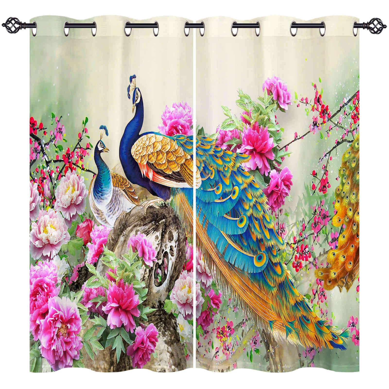 ANHOPE Peacock Curtains Eyelet Thermal Insulated Blackout Curtains Colorful Watercolor Peacock Flower Print Pattern Ring Top Drapes for Bedroom Living Room 55 x 69 Inch Drop 2 Panels