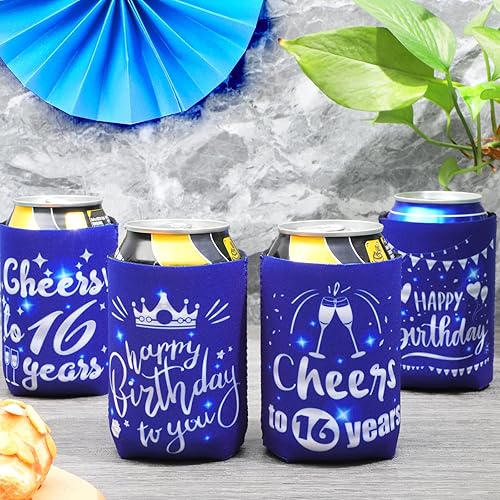 Miniatura 3 de Decoración de manga enfriadora de latas de cumpleaños 16, 24 piezas de recuerdos de fiesta de 16 para niñas y niños, suministros de fiesta de
