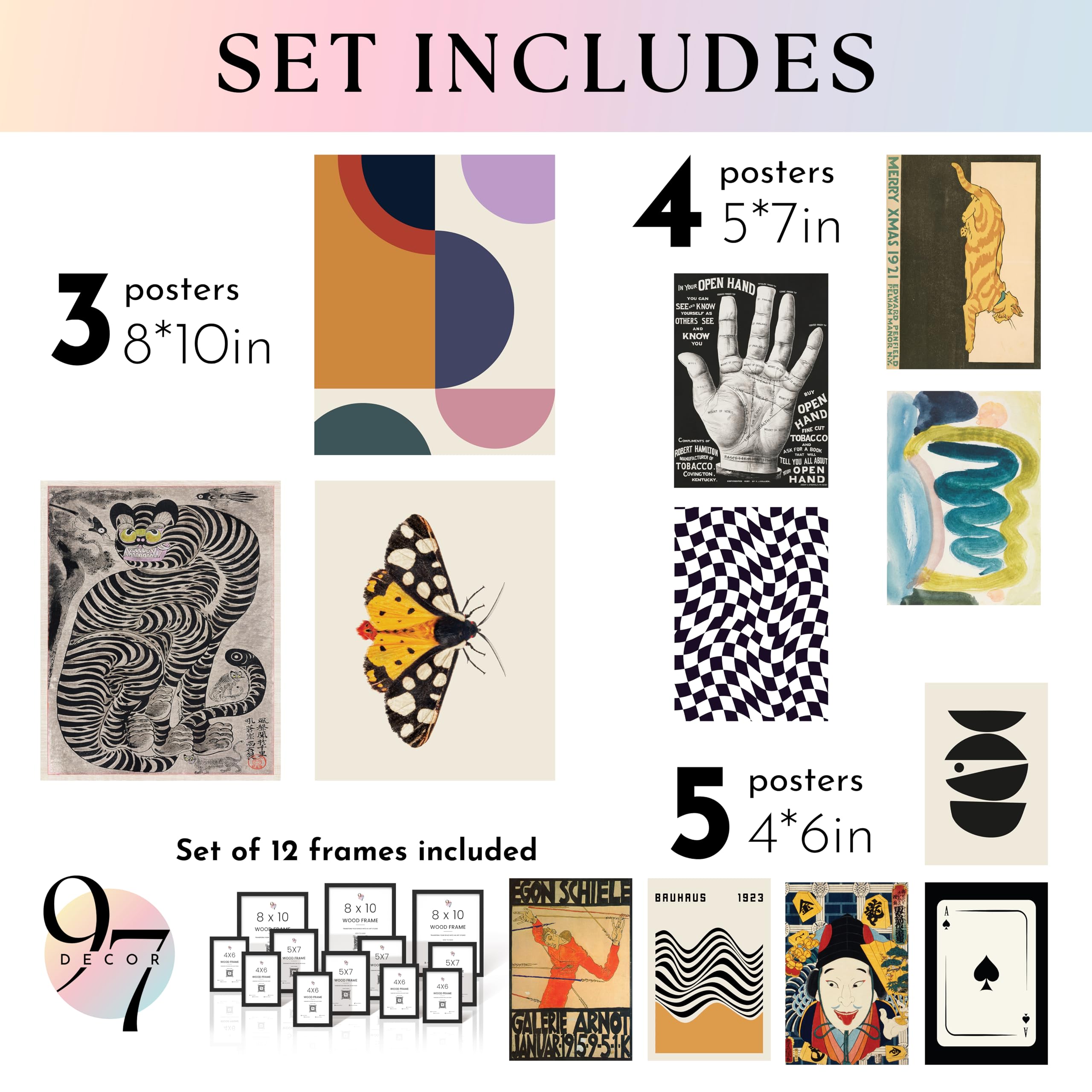 97 Decor Vintage Eclectic Wall Art Collage - Abstract Modern Art Prints For Wall Decor, Cool Funky Pictures Maximalist Paintings Retro Bauhaus Posters Set For Dorm Bedroom Home Decorations (Unframed): FRAMED Eclectic Folk Art