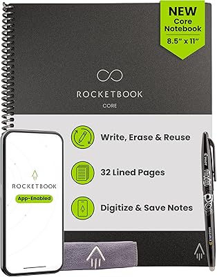 Rocketbook Core Reusable Smart Notebook, Lined Pages For School, Work and Creative Projects, Letter Size 8.5x11, Black - Premium