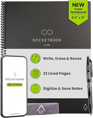 Rocketbook Core - Cuaderno inteligente reutilizable, páginas rayadas para la escuela, el trabajo y proyectos creativos, tamaño carta de 8.5 x 11,