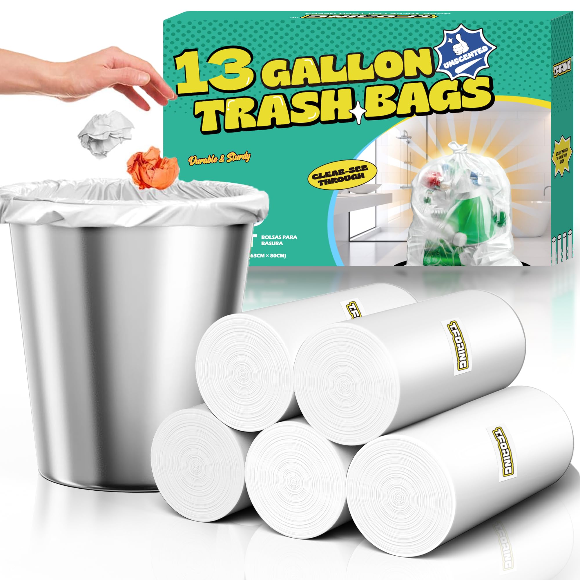 T.FORING 13 Gallon Tall Kitchen Trash Bags - 110 Count Clear Plastic Garbage Bags Unscented Trash Can Liners Strong Waste Basket Bags 49.2 Liter for