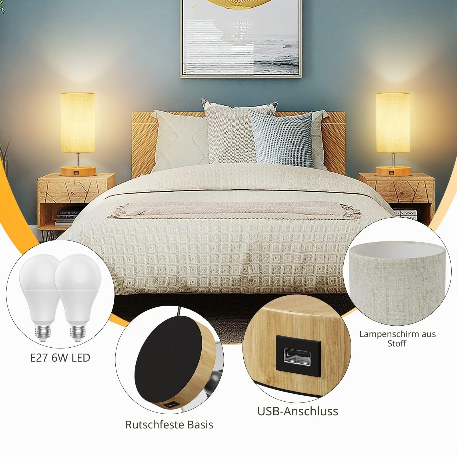 Nachttischlampe 2er set, Dimmbar Touch, USB-Anschluss | 3 Farbtemperaturen und Stufenlose Helligkeit Tischlampen, Geeignet für Schlafzimmer, Wohnzimmer, Büro