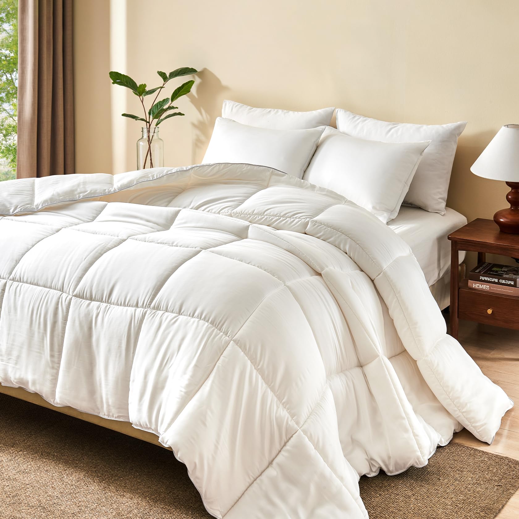 BPC Feather Down Comforter Oversized Queen for All Season, 750 Fill-Power Cloud Fluffy Duvet Insert with Ultra-Soft Egyptian Cotton Blend Cover,