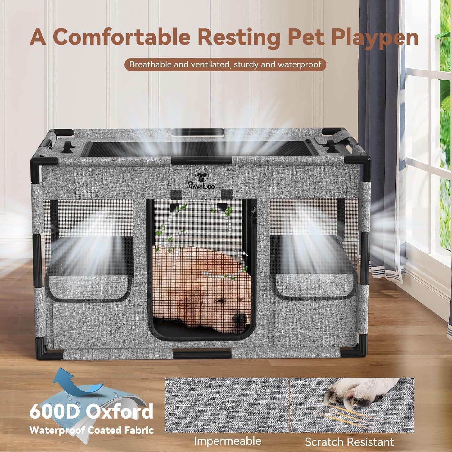 Pawaboo Box per Cani Cassa per Animali Domestici Extra Large, Cuccia per Cani in Rete, PVC Ispessito Telaio del Tubo Tenda, Recinto per Animali Domestici Traspirante, Grande, Nero & Grigio