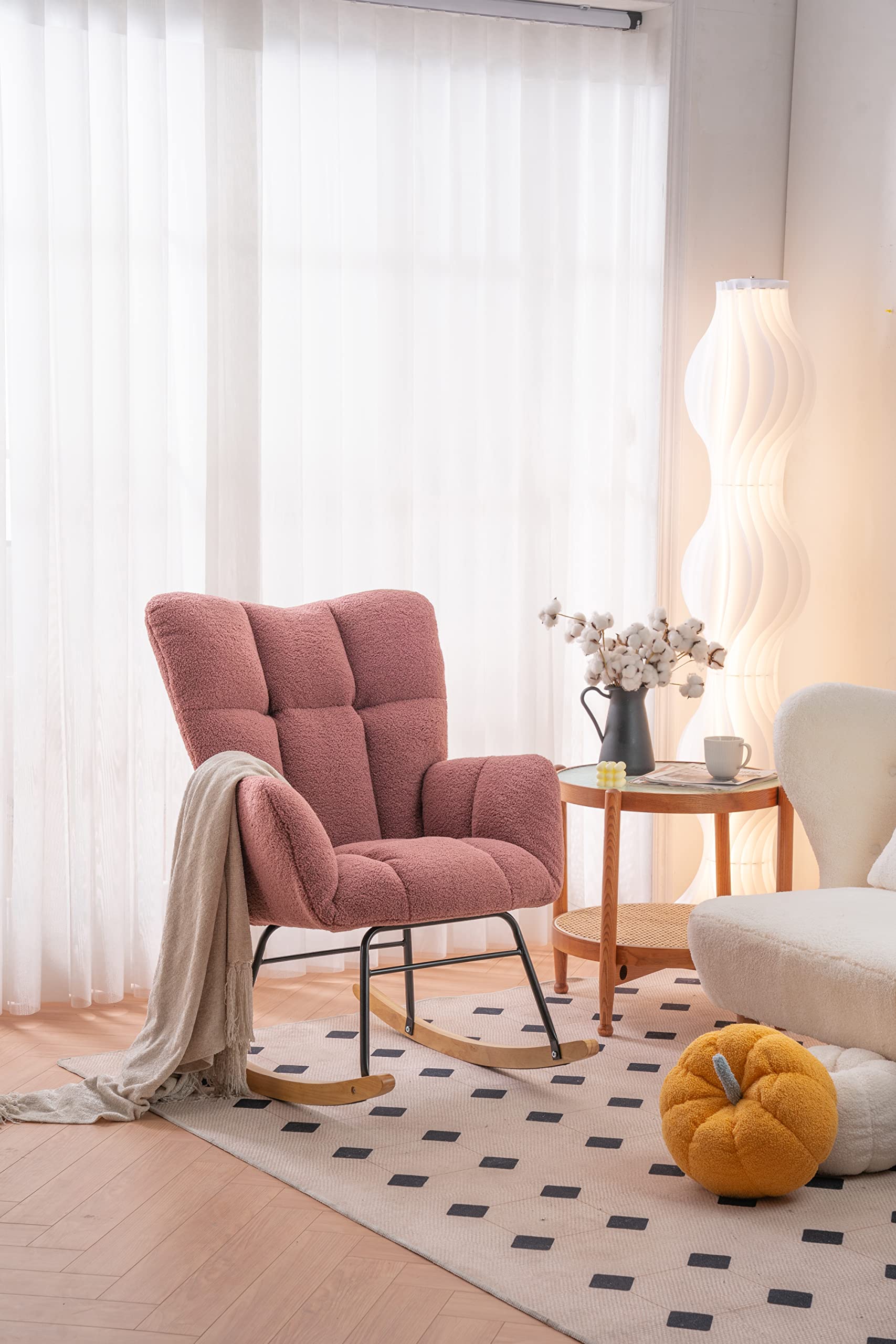 Keainvren Rocking Chair Upholstered Seat with High Back, Living Room High Back Rocking Chair for Balcony Living Room Bedroom Kids Room (Ivory) (Green) (Red)