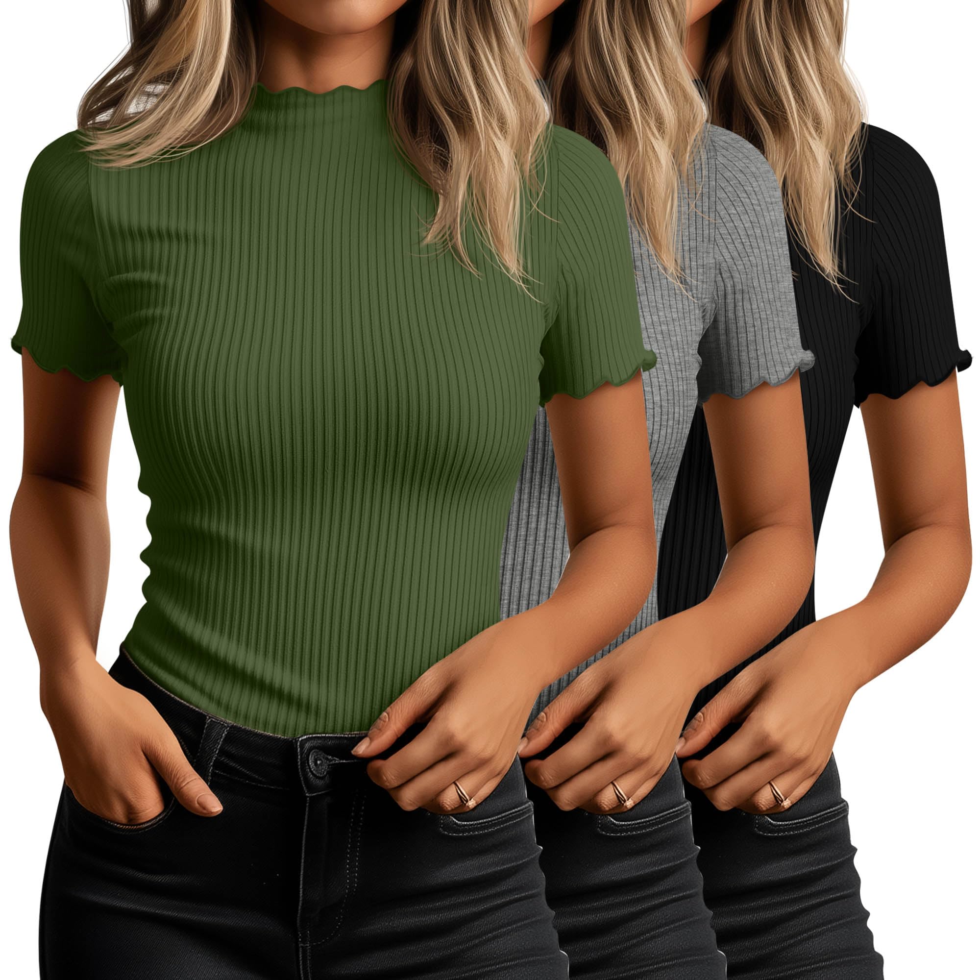 Huukeay 3 Pack Women's Mock Turtleneck Tops Short Sleeve Shirts