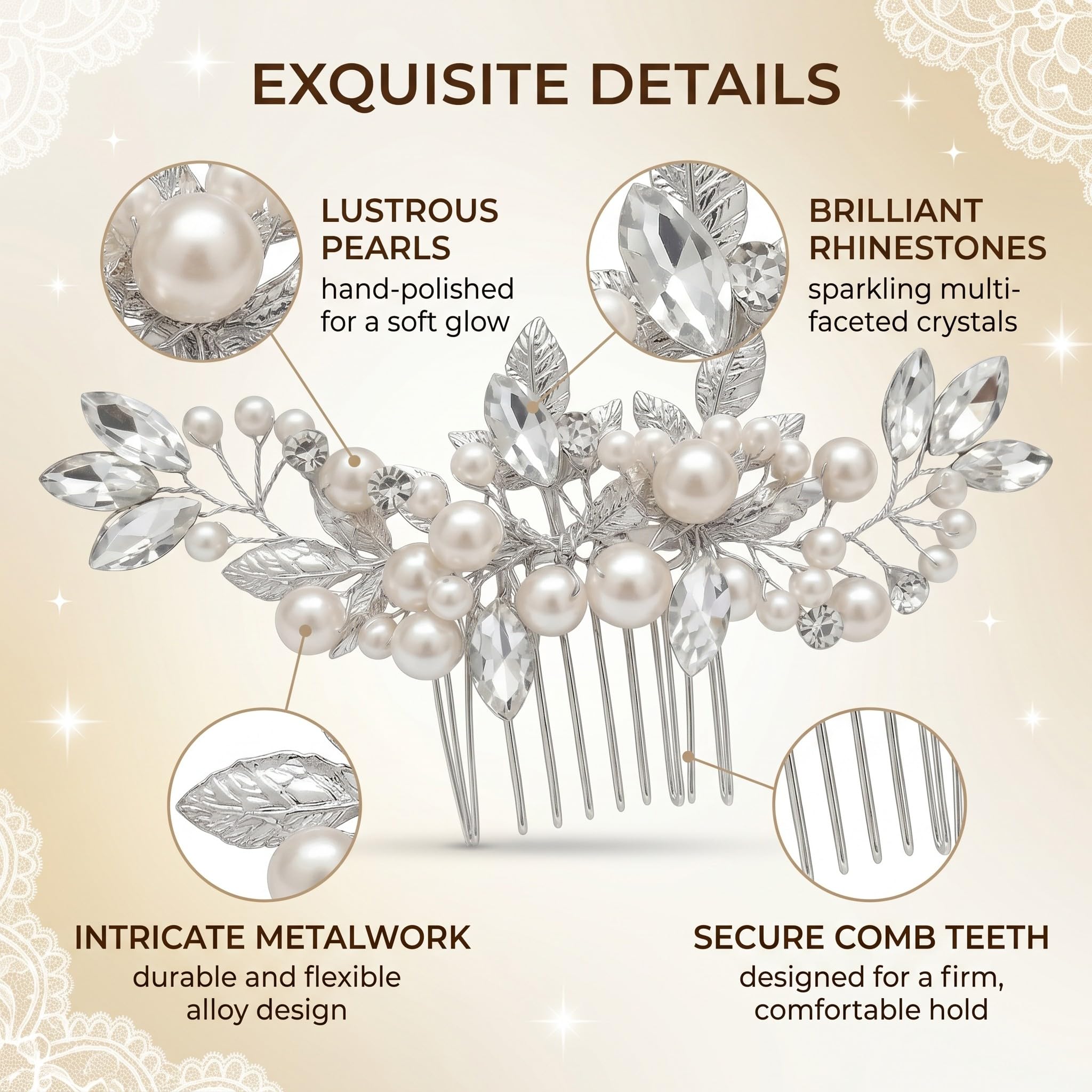 1 x Pettinino argentato per capelli da sposa, Pettine per Capelli da Sposa Fermaglio, Pettinino per capelli da sposa con perle argentate, con Perle Cristallo Accessori, Accessori Capelli Sposa
