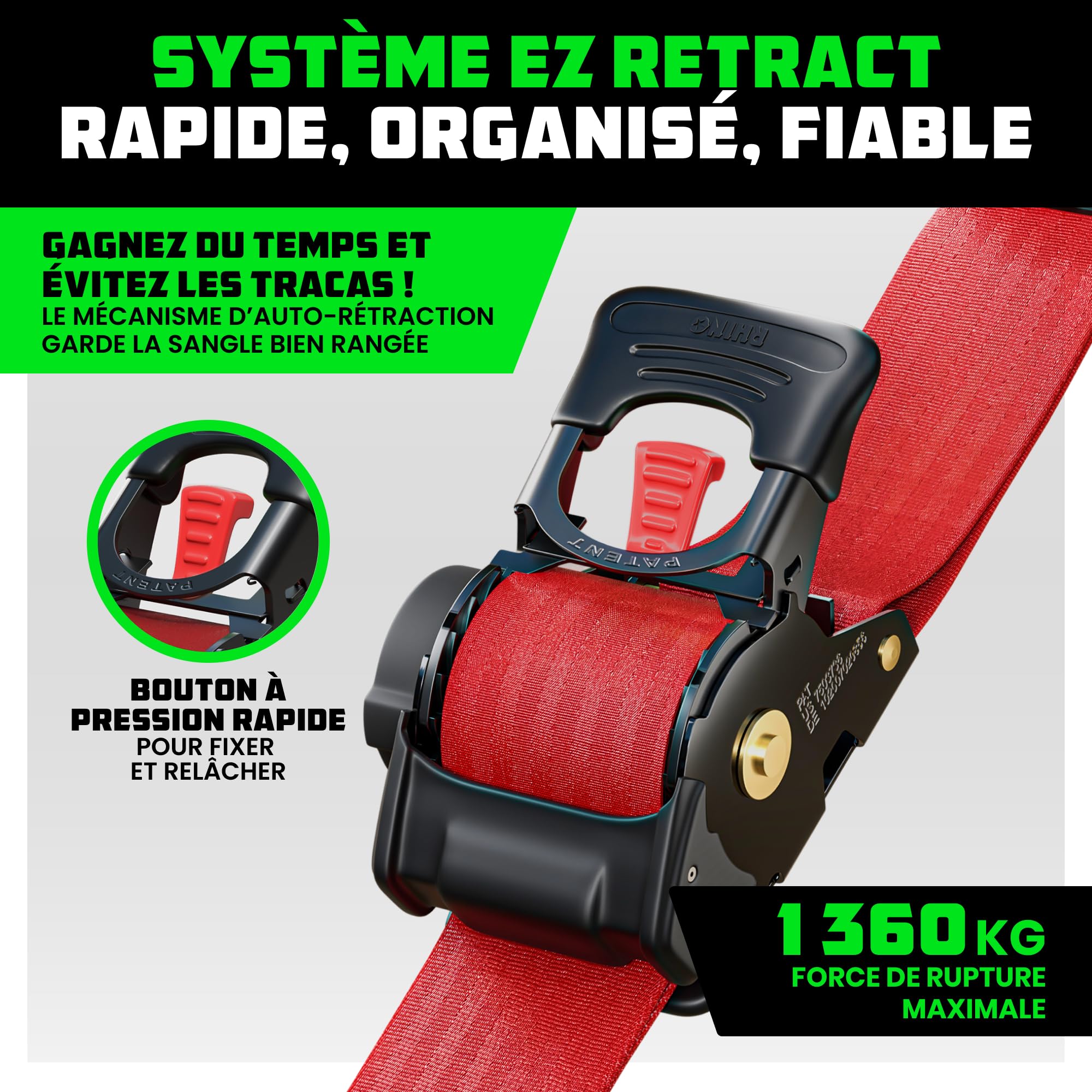 Rhino USA Sangles d'arrimage rétractables à cliquet (Paquet de 2) - Résistance à la Rupture de 1360 kg, y Compris (2) Sangles d'arrimage Auto-rétractables de 5 cm x 3 m - Rouge