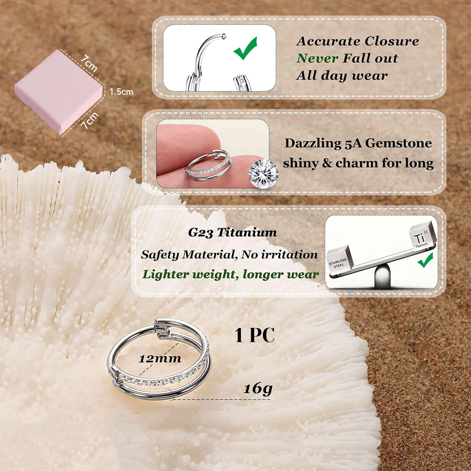 BelleVive G23 Tytanowe Kolczyki Clicker do Chrząstki, 16 g, Podwójne/Potrójne Przegrody Nosowej, Biżuteria Conch, Tragus, Nosa, Kreolki dla Kobiet, Srebrne, 12