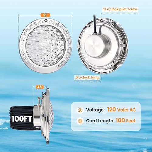Miniatura 7 de SURAIELEC Luces de piscina para piscina enterrada, luz subacuática LED de 10 pulgadas y 120 V, 35 W (equivalente a 300 W), 4000 lm, blanco frío 6000