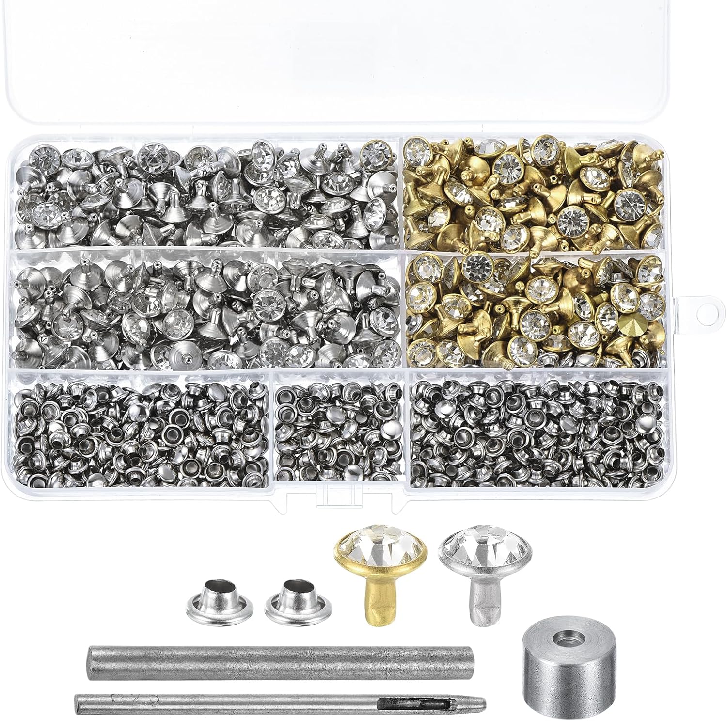 uxcell 500 Sets 9mm/0.35" Gold Silver Rhinestone Leathercraft Crystal Double Cap Rivets Studs with Tools for DIY Leather Craft Clothes Bag Belt