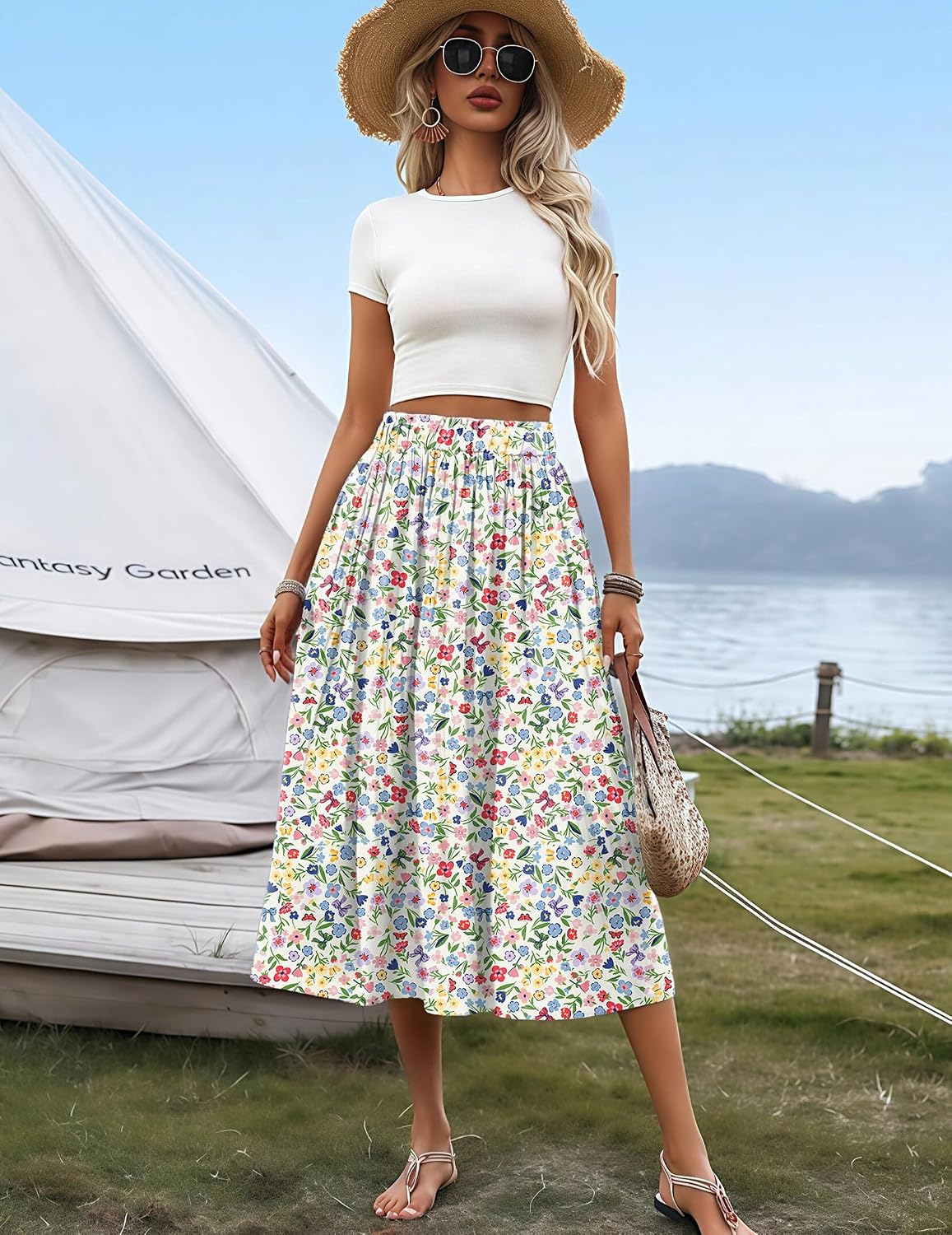 Zeagoo Women's Midi Skirts High Waisted Pleated A-Line Swing Skirts Summer Long Skirts with Pockets