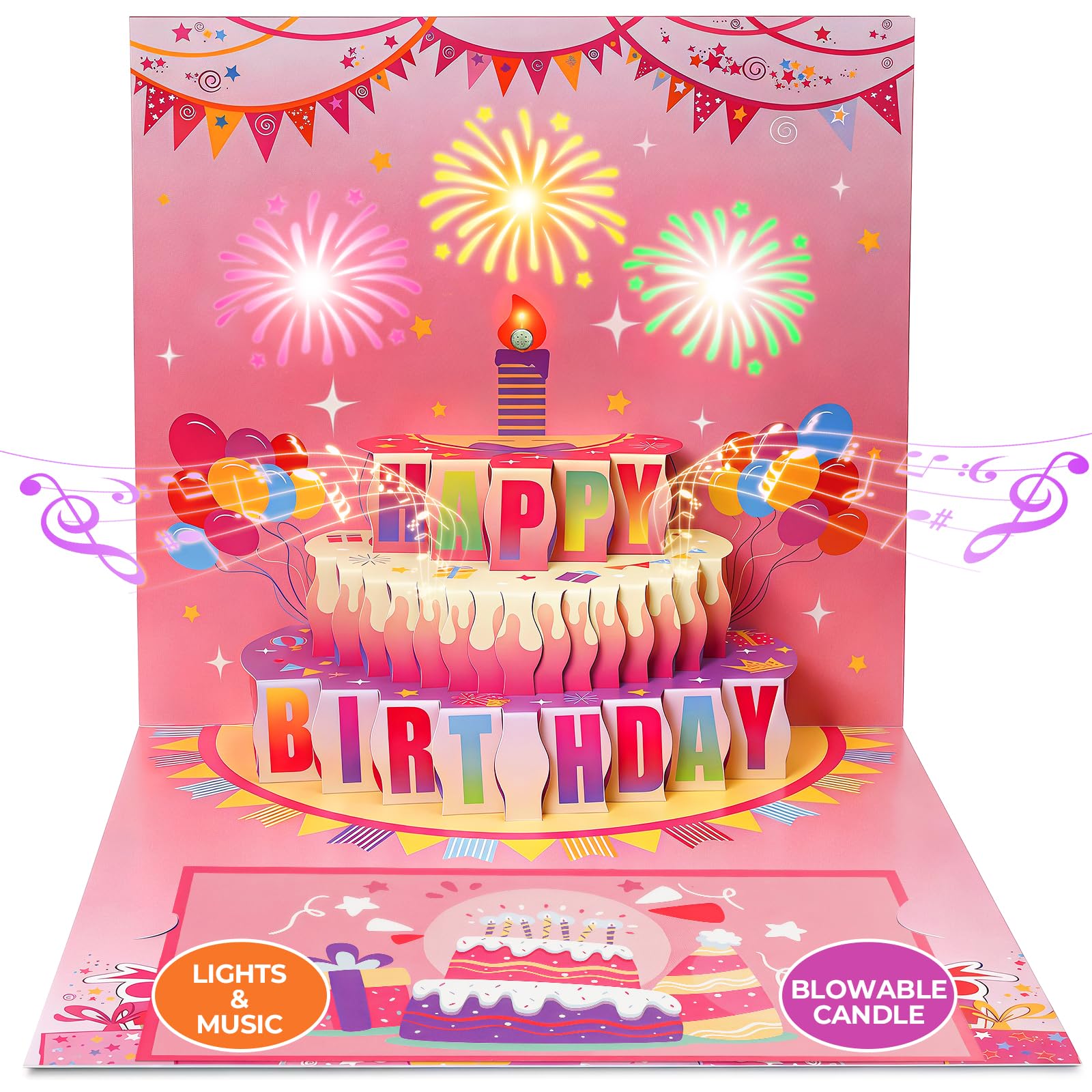 Hierein Birthday Cards, 3D MUSIC & LIGHTS Firework Birthday Card for Women with Blow Out LED Candle, DIY Age Musical Birthday Cards Birthday Gifts for Mum, Sister, Daughter, Wife, Auntie