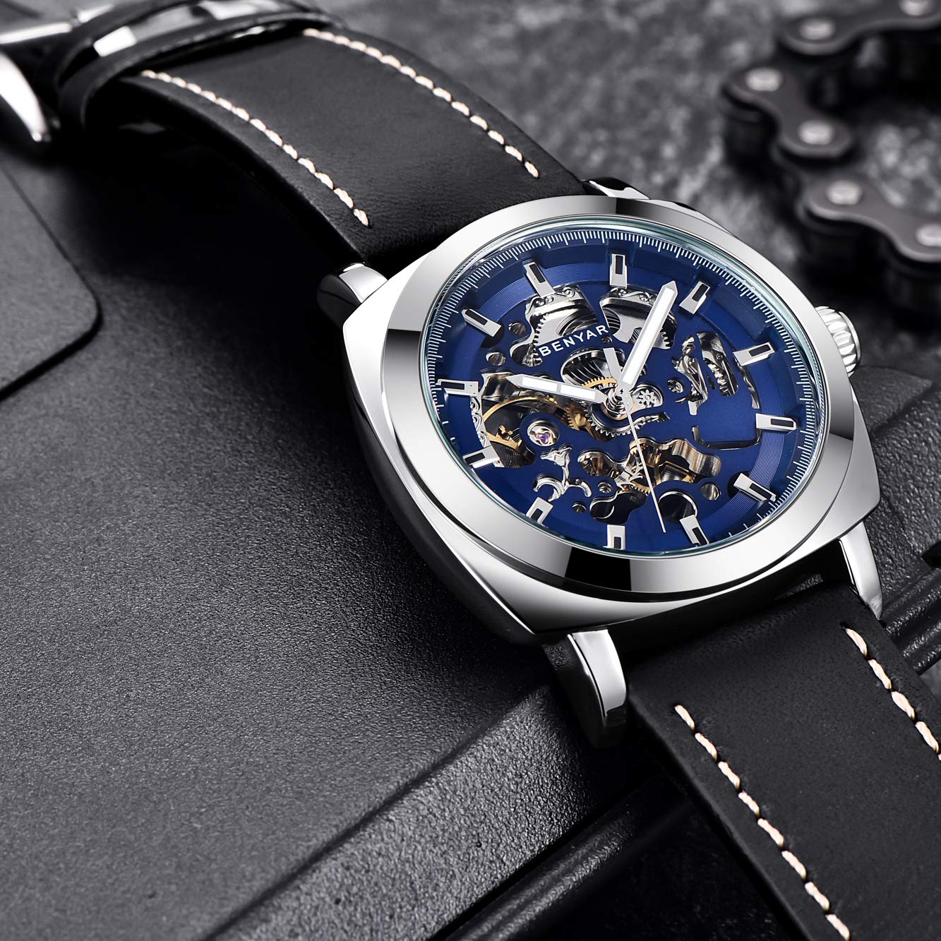 BENYAR - Orologio da uomo meccanico automatico, cinturino in pelle, movimento dorato, quadrante scheletro da 45 mm, resistente all'acqua e ai graffi, elegante regalo da uomo