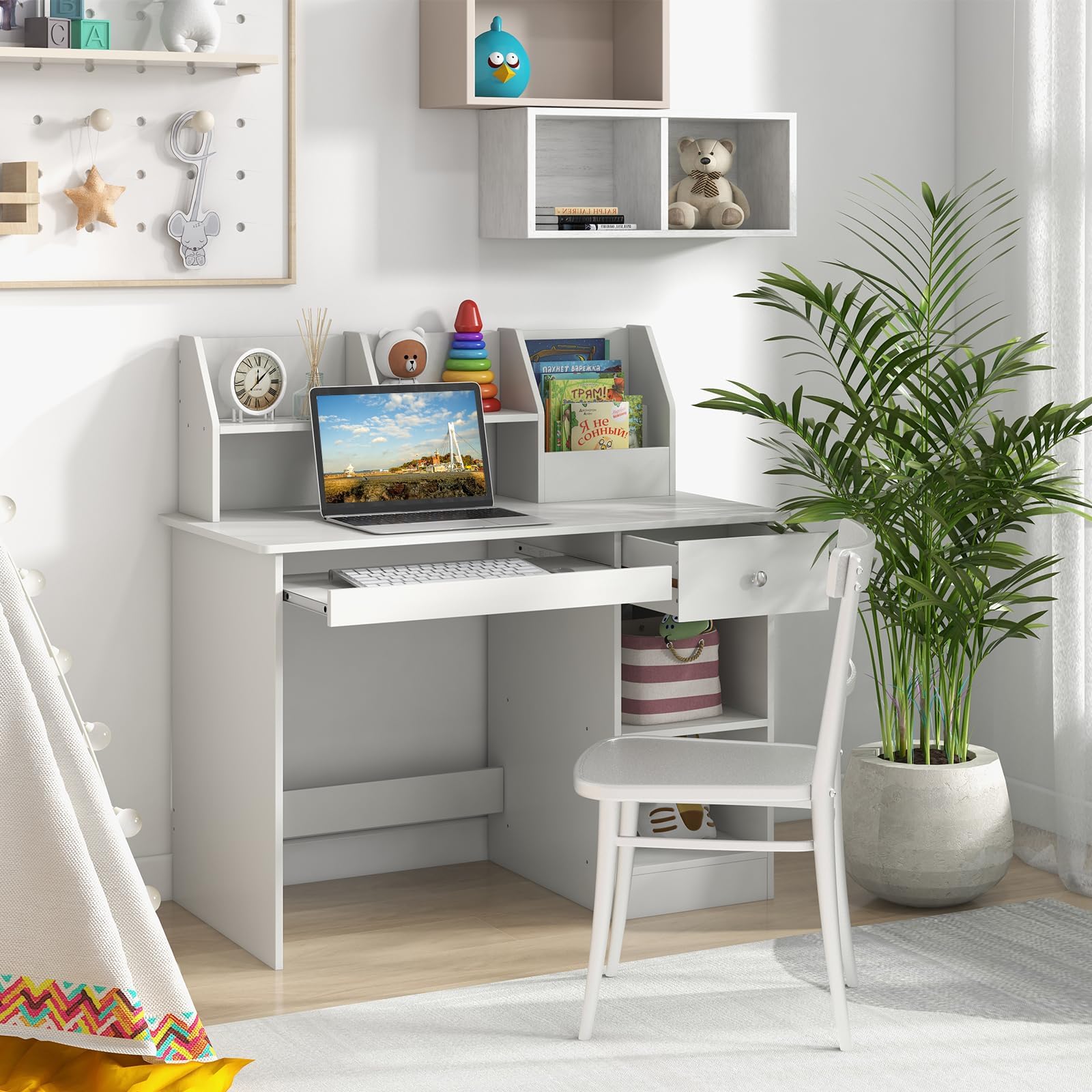 RELAX4LIFE Scrivania per Bambini in Legno 90x45x90CM, con Libreria e Cassetto e 2 Ripiani e Ripiano per Tastiera, Scrivania per Bambini con Dispositivo Antiribaltamento, Carico 100KG (Bianco)