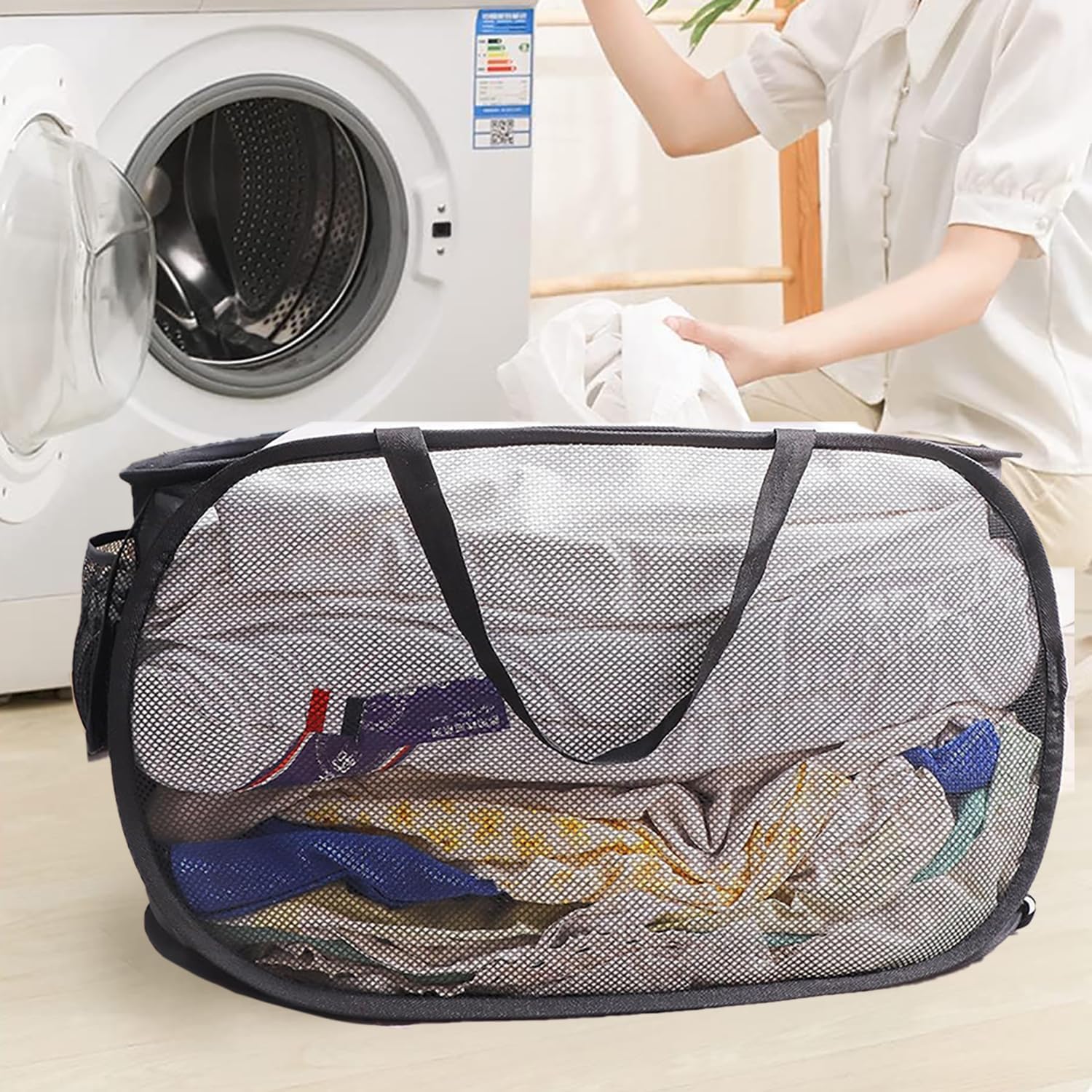 2 Pièces Panniers à Linge Pliable, 36 x 36 x 58 Cm, Pop Up Laundry Basket Hamper, Panier à Linge Pliable Pop-Up, En Maille Filet Avec Poignée, Pour le Changement Des Vêtements - Noir (Noir)
