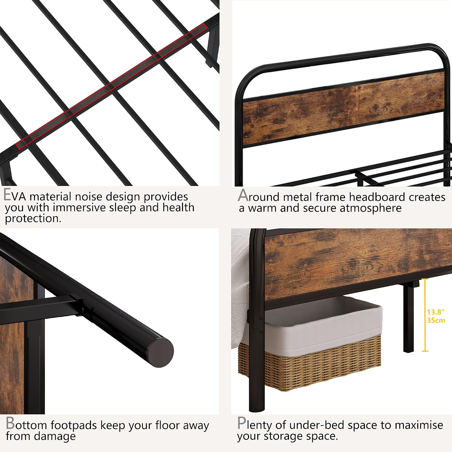 IRONCK Queen Bed Frame with Headboard, Platform Bed 12" Under Bed Storage Wood and Metal, No Box Spring Needed Easy Assembly