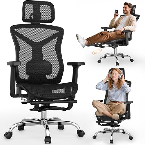 Silla de oficina ergonómica con reposapiés, silla de escritorio de malla para el hogar con soporte lumbar ajustable, reposabrazos 3D, reposacabezas