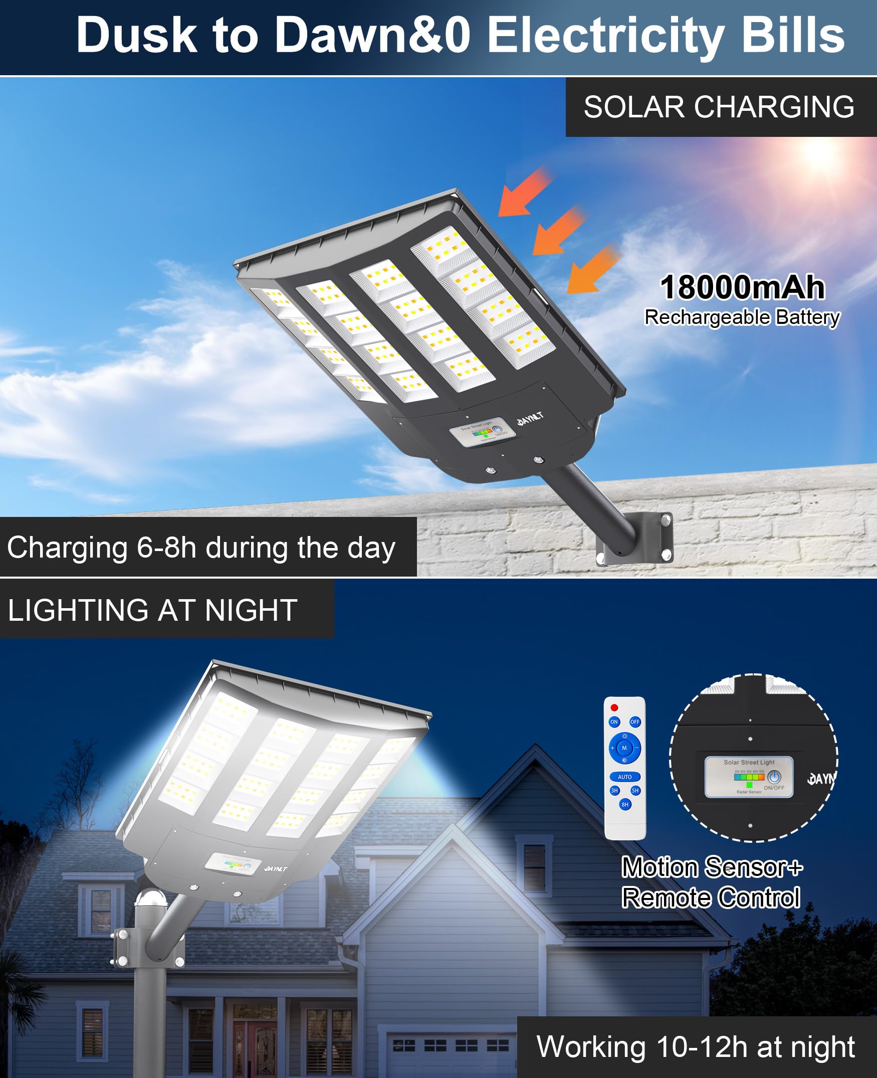 JAYNLT Y-4000W Lampione Solare da Esterno, Faro led Esterno con Sensore di Movimento e Telecomando, 3000K/4000K/6500K Lampioni Stradale Solare IP67 per Cortili, Garage, Fattorie