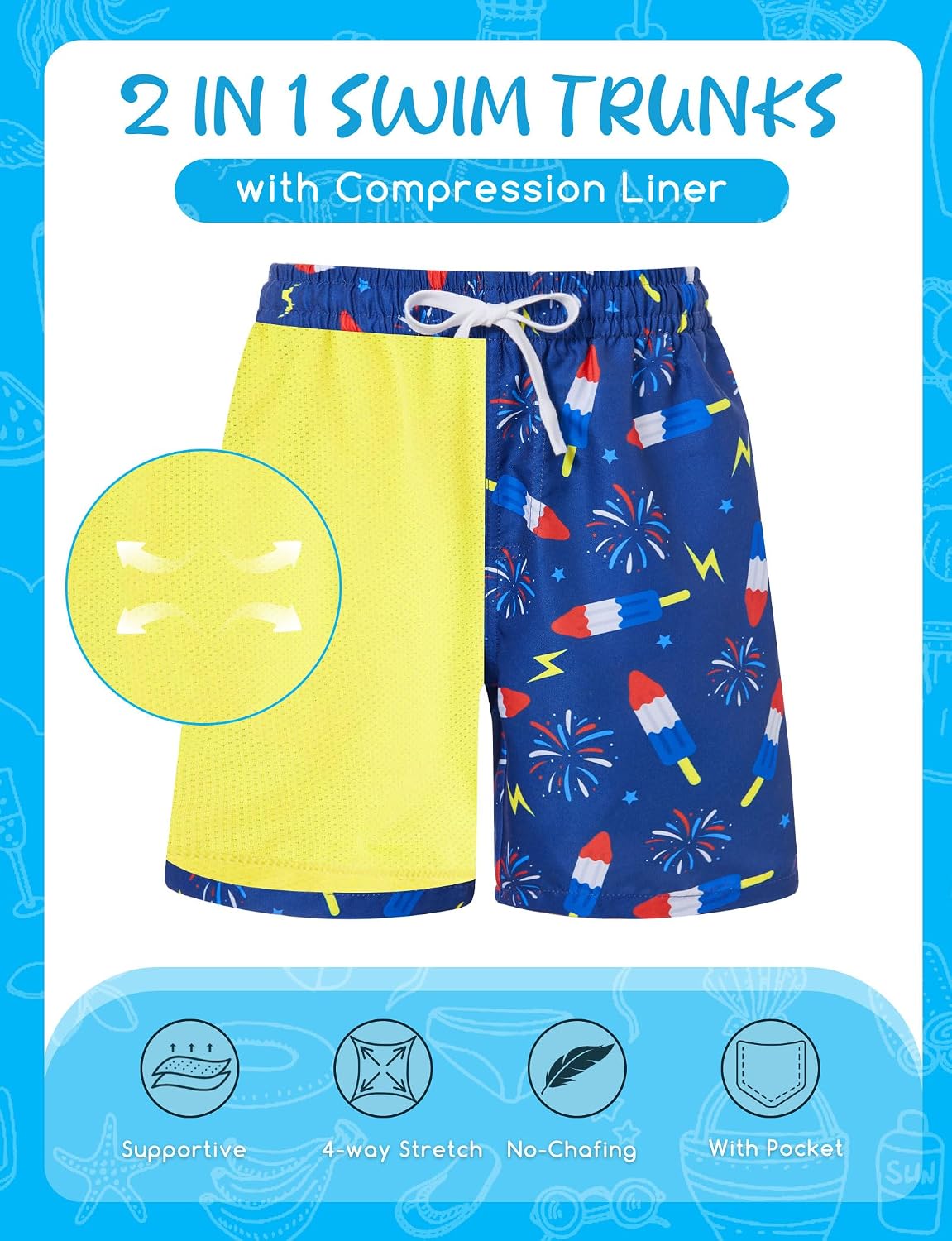 Boys Swim Trunks with Compression Liner for 6-20 Years Kids Quick Dry Bathing Suit