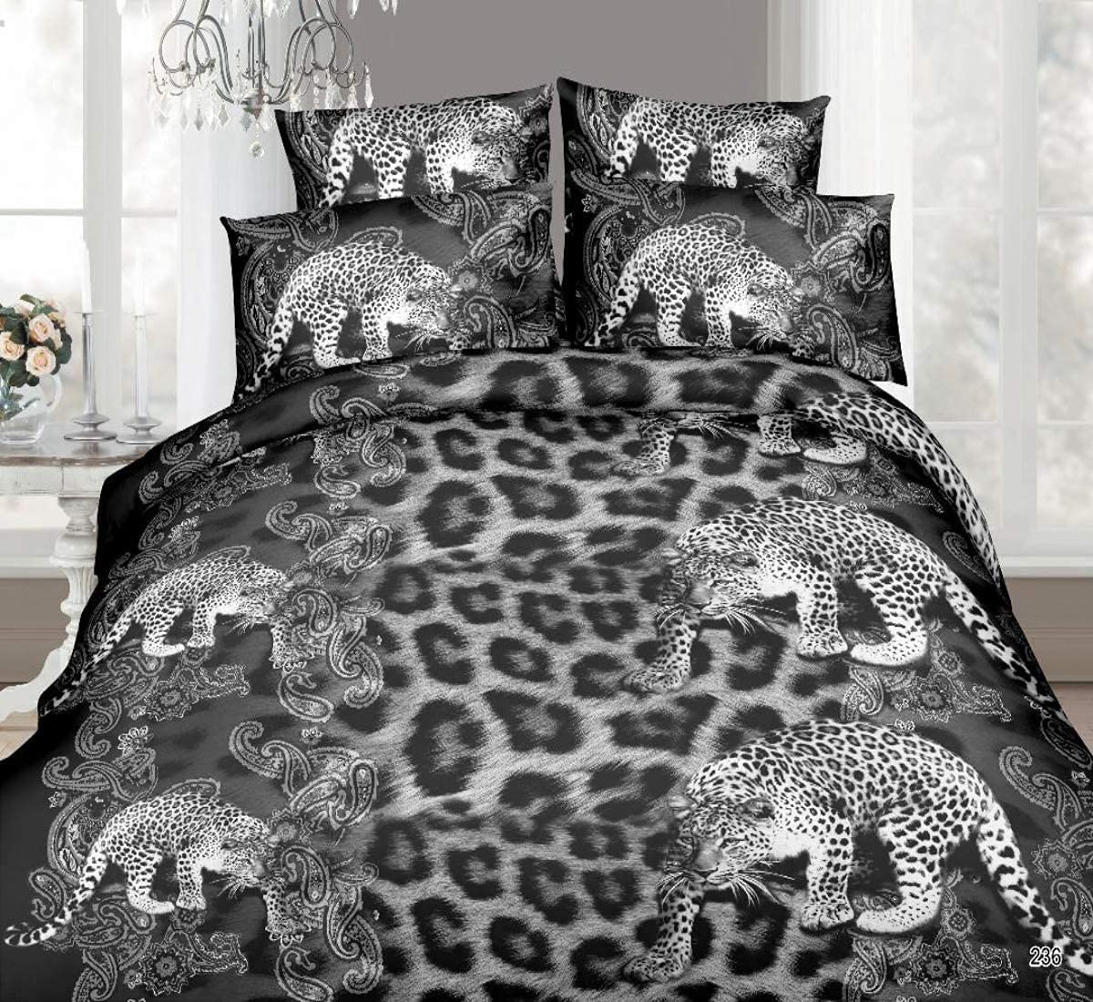 Thl Black Leopard 236 3 Piece Complete Bedding Set 3D Effect Animal Printed Duvet Cover With Fitted Sheet Pillowcase (, Single)