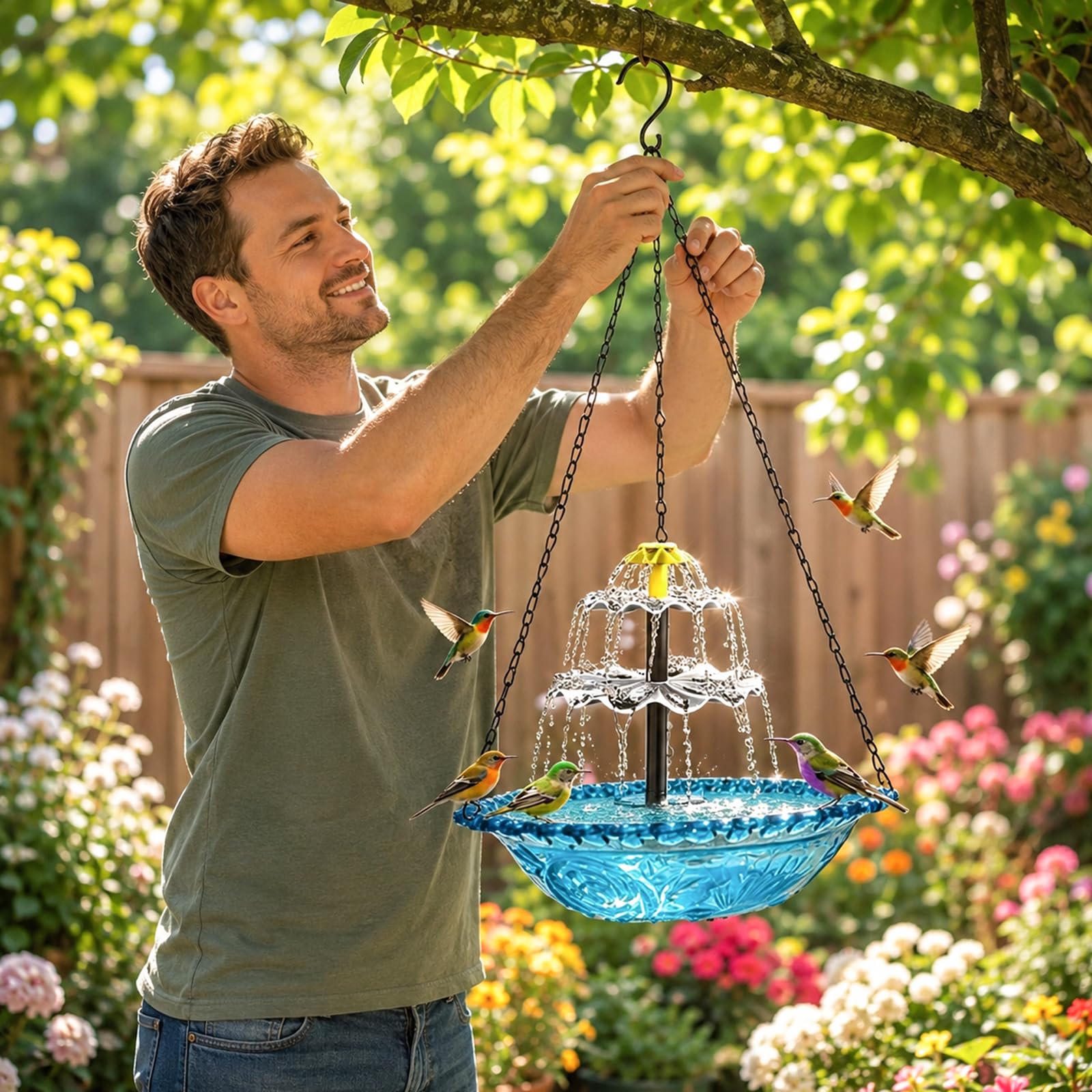 Bain d'oiseaux solaire avec fontaine, fontaine à oiseaux, pour jardin, balcon, bain d'oiseaux, suspendu avec chaînes en métal, jeu d'eau d'extérieur pour oiseaux (bleu)