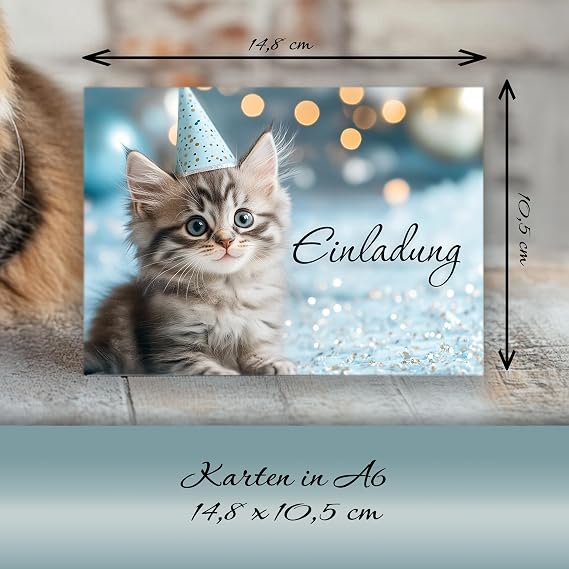 E&G Klasse 10 x Children's Invitation Cards Invitation Children's Birthday Cat Party Cat Girls Boys Birthday Party Blue Pink Silver Birthday First Day at School
