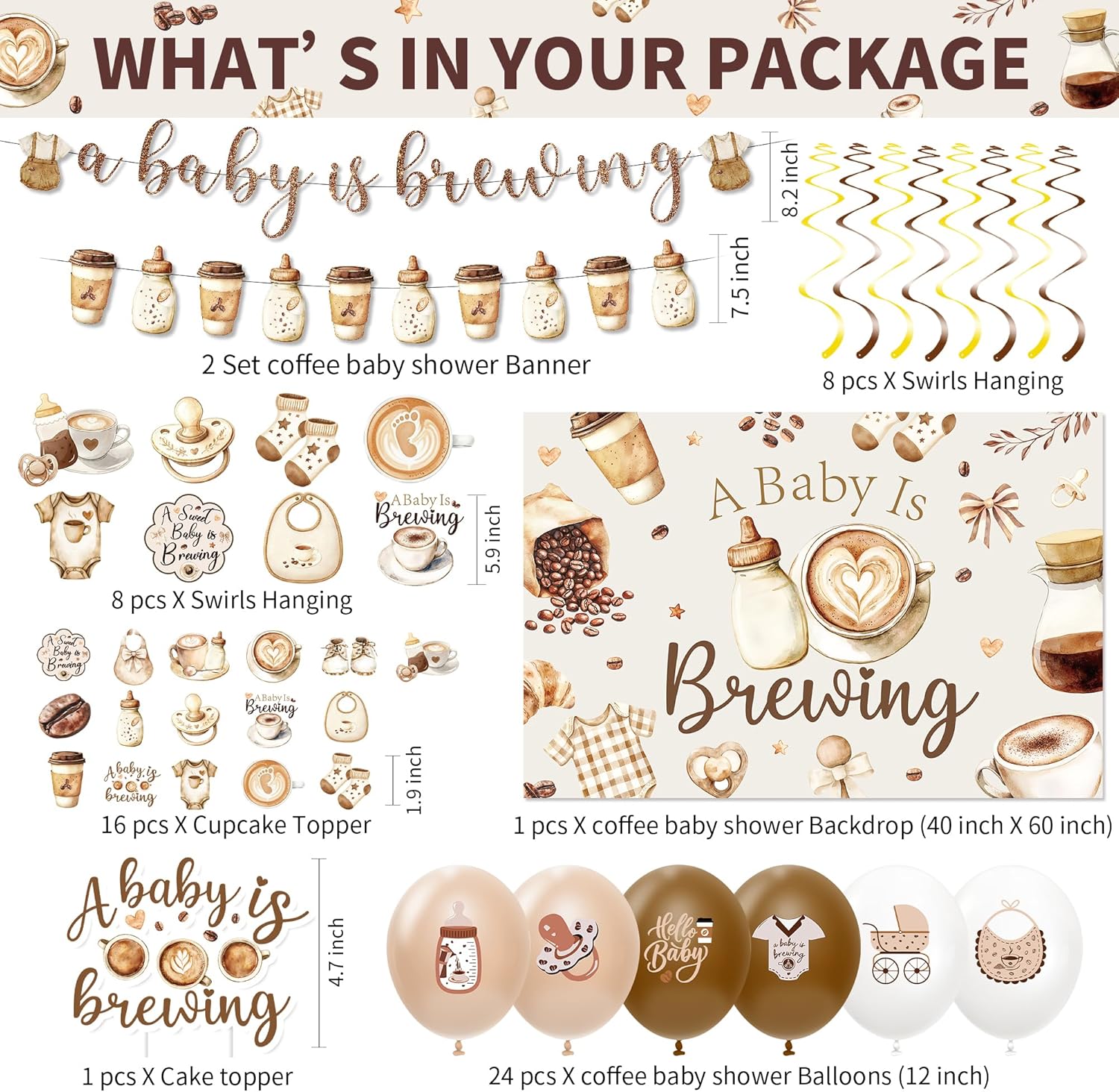 Coffee Baby Shower Decorations, Coffee Bean Theme A Baby is Brewing Party Supplies for Birthday, Plate, Napkin, Cup, Backdrop, Banner, Tablecloth, Swirl, Balloon, Topper, Cutlery, Serves 24