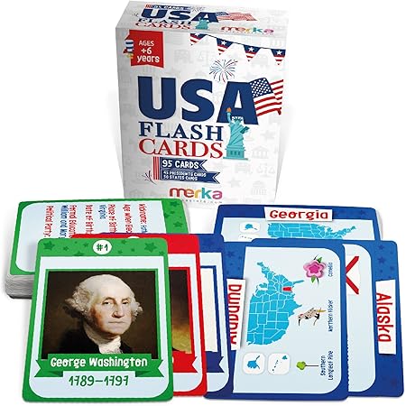 merka Flash Cards USA Set United States Presidents States Symbols Flags Facts Flashcards for Kids Ages 5-10 Picture Cards and Kids Learning Toys and Gifts