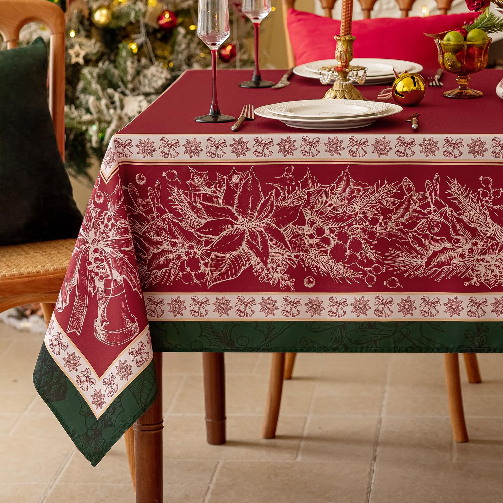 Romanstile Mantel de Navidad rojo lavable, 100 x 140 cm, diseño de flores, rectangular, impermeable, efecto loto, protección antimanchas para mesa de comedor, fiestas, Navidad, Año Nuevo