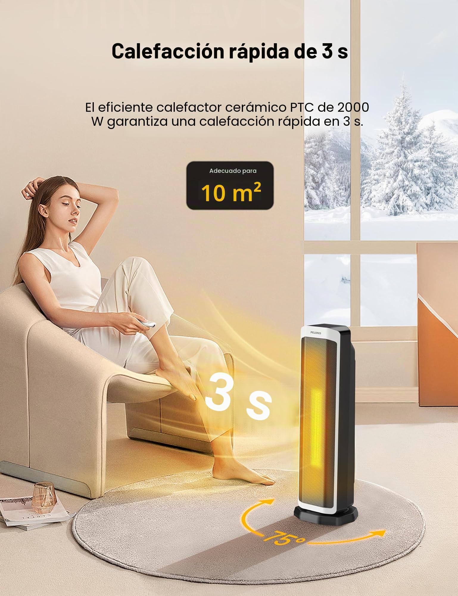 PELONIS Calefacción eléctrica 2 en 1, 2000 W, con control remoto, ahorro energético, calentador de cerámica portátil, oscilación de 75 grados, termostato ajustable, inclinación y