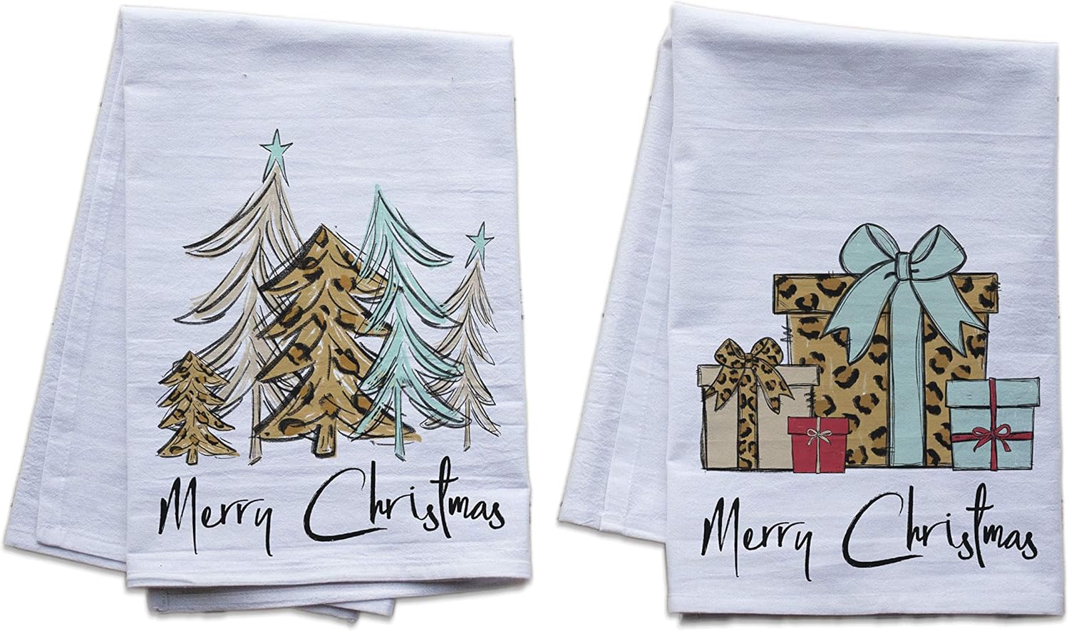Merry Christmas Presents and Trees - set of two premium flour sack tea towels