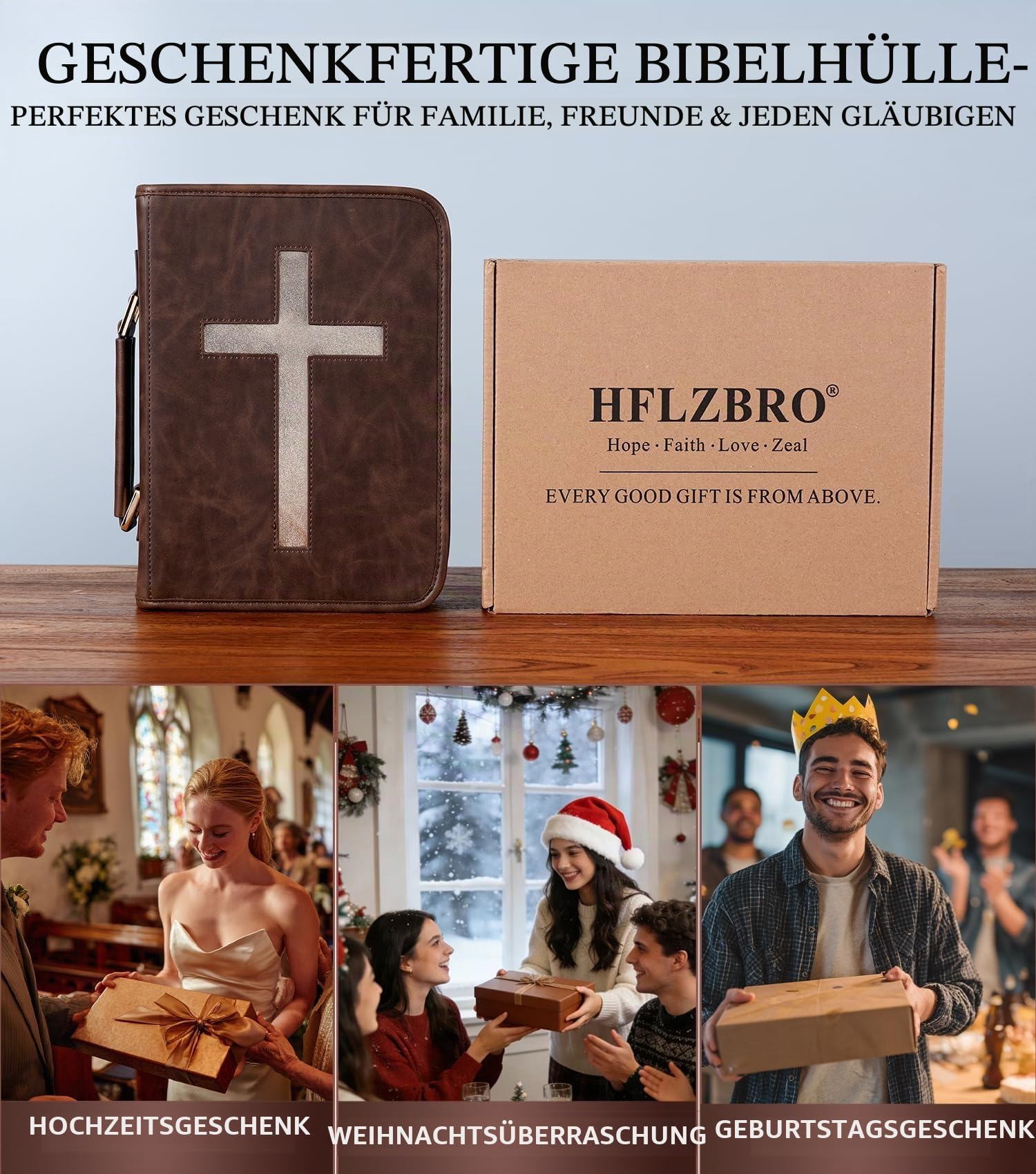 Veganes Leder Bibel Cover Case Bibeltasche mit Handytasche Bibelhülle für Männer Frauen Christliche Geschenkbox Verpackung (Braun)