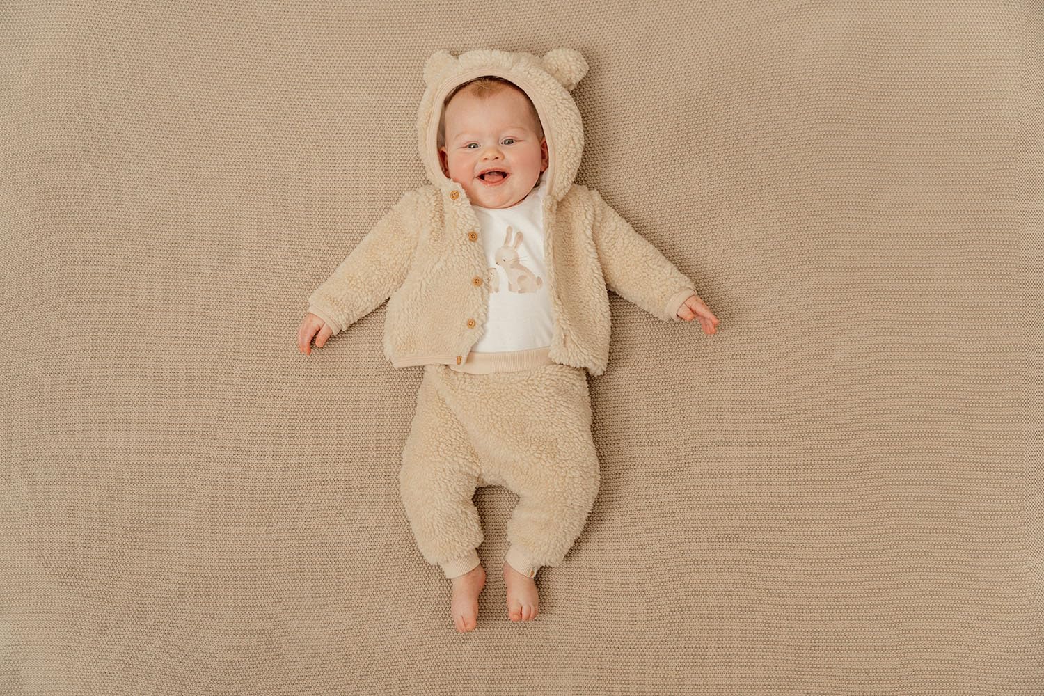 Little Dutch Winterjacke Fleecejacke Teddy Jacke mit Kapuze Ohren Baby beige (Gr. 68)