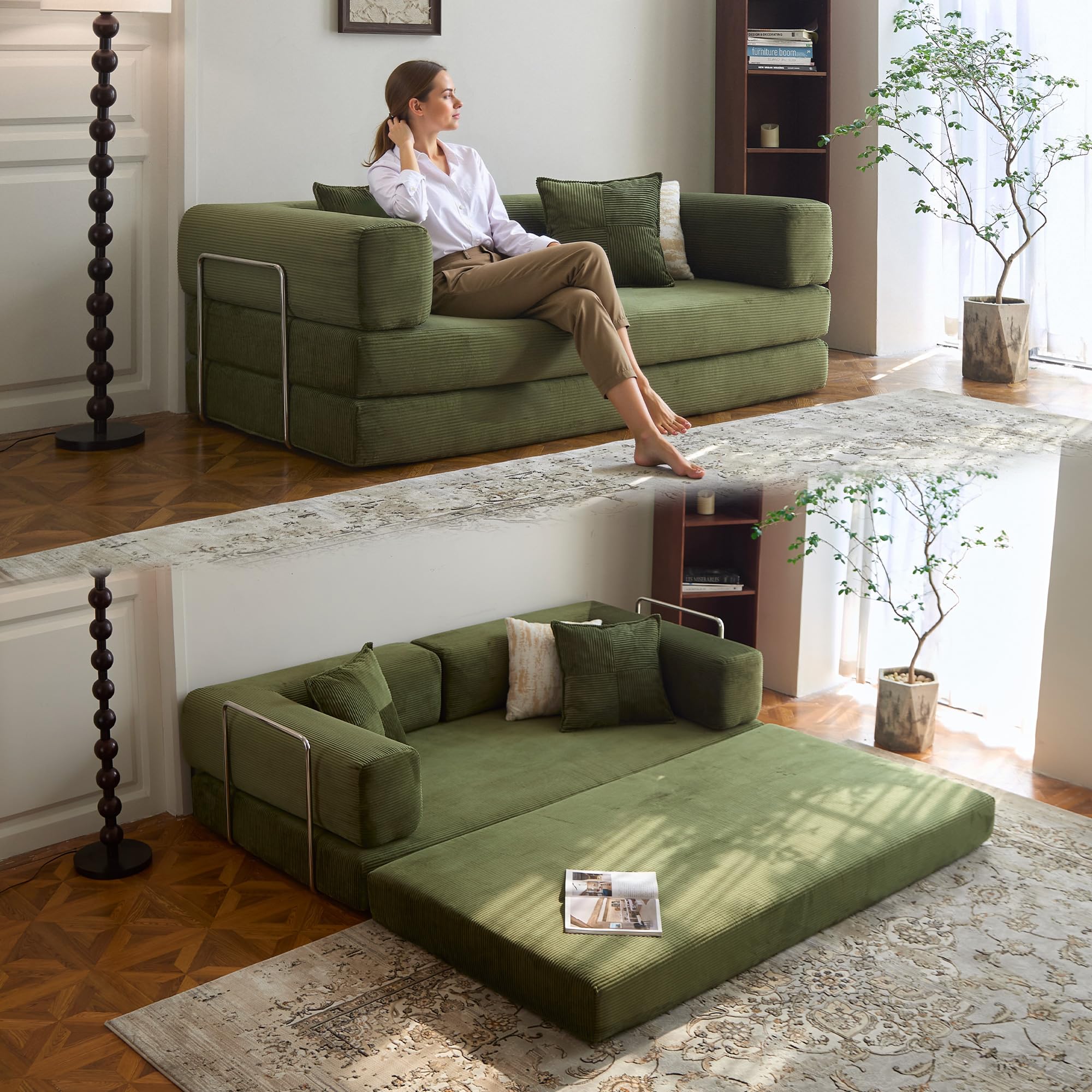 78.8" Convertible Sofa Bed - Compression Sofa with Corduroy Fabric - with Armrests and Backrest - Modular Sectional for Living Room, Bedroom, Studio - Compression Sofa in Box (Grey): 78.8IN Green