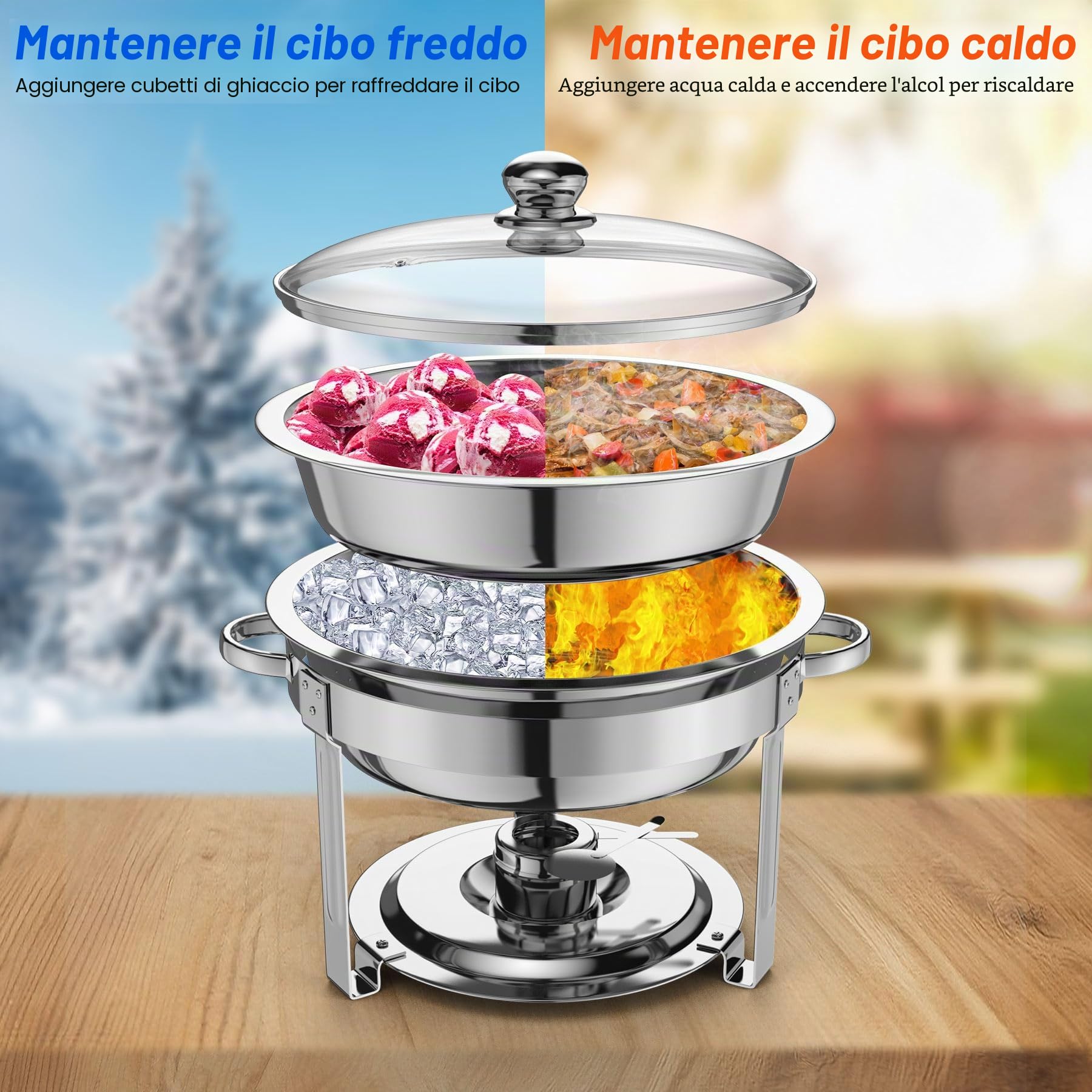 NArra 4 Pezzi Set da Buffet per scaldavivande, 7.5L copripiatti Rotondi in Vetro, Posate per Buffet in Acciaio Inox, Telaio Spesso per Catering, scaldavivande per Feste, Matrimoni, Picnic