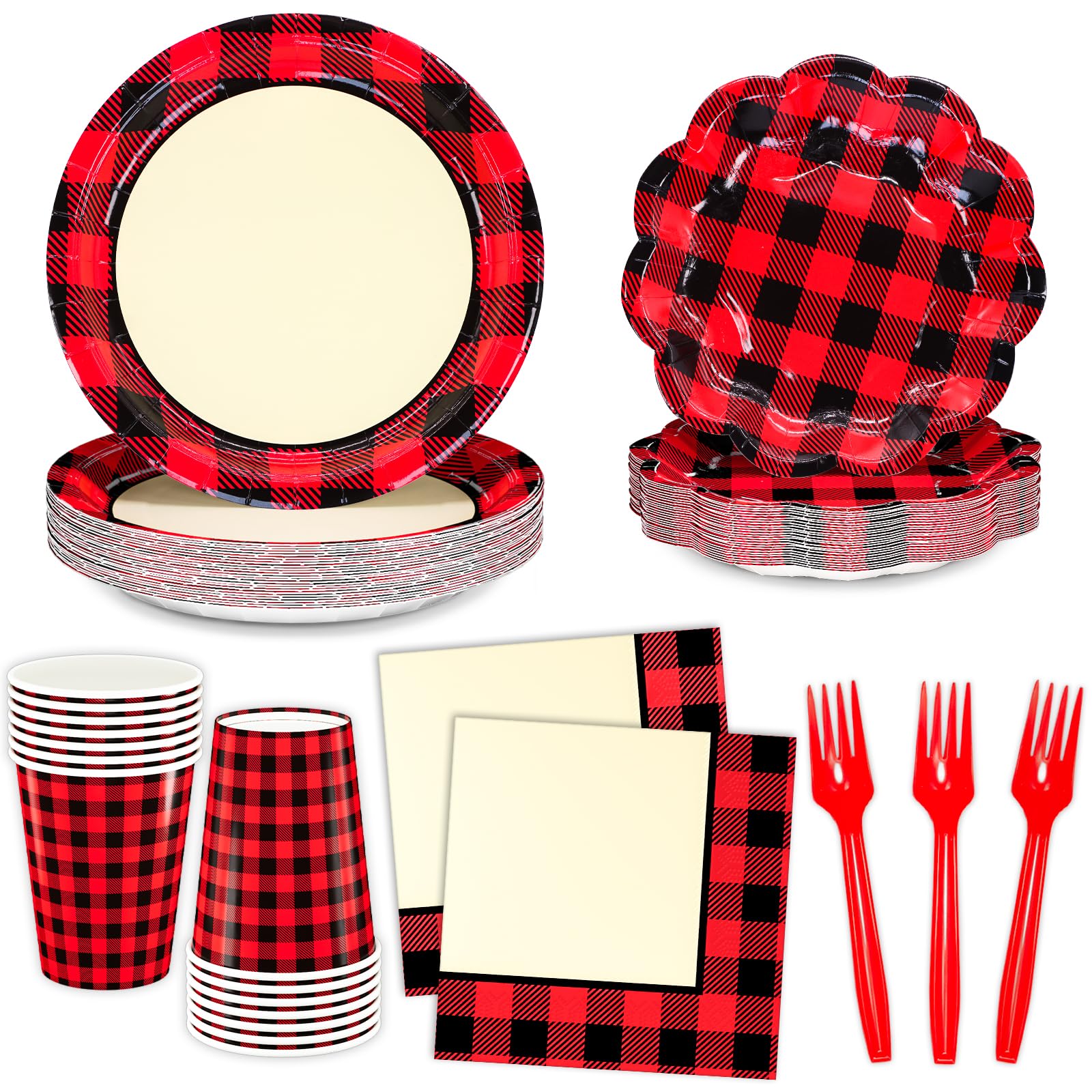 DYLIVeS Red and Black Buffalo Plaid Party Supplies, 9.2'' Checkered Dinner Paper Plates 7'' Dessert Plates, 6.5'' Napkins Cups Forks for Gingham