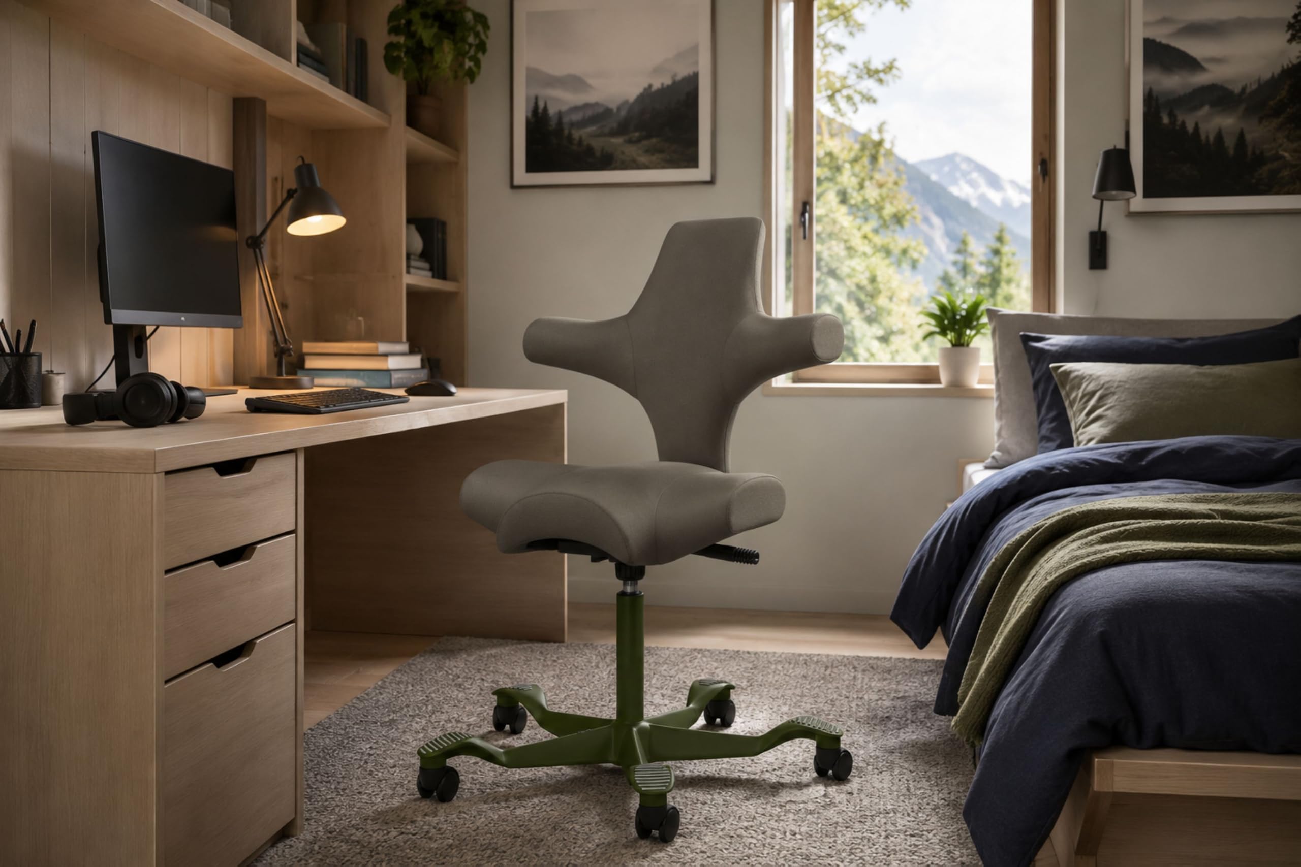 HAG Capisco Sit to Stand Chair-Moss Green Frame-Upholstered Gray Ash Vinyl