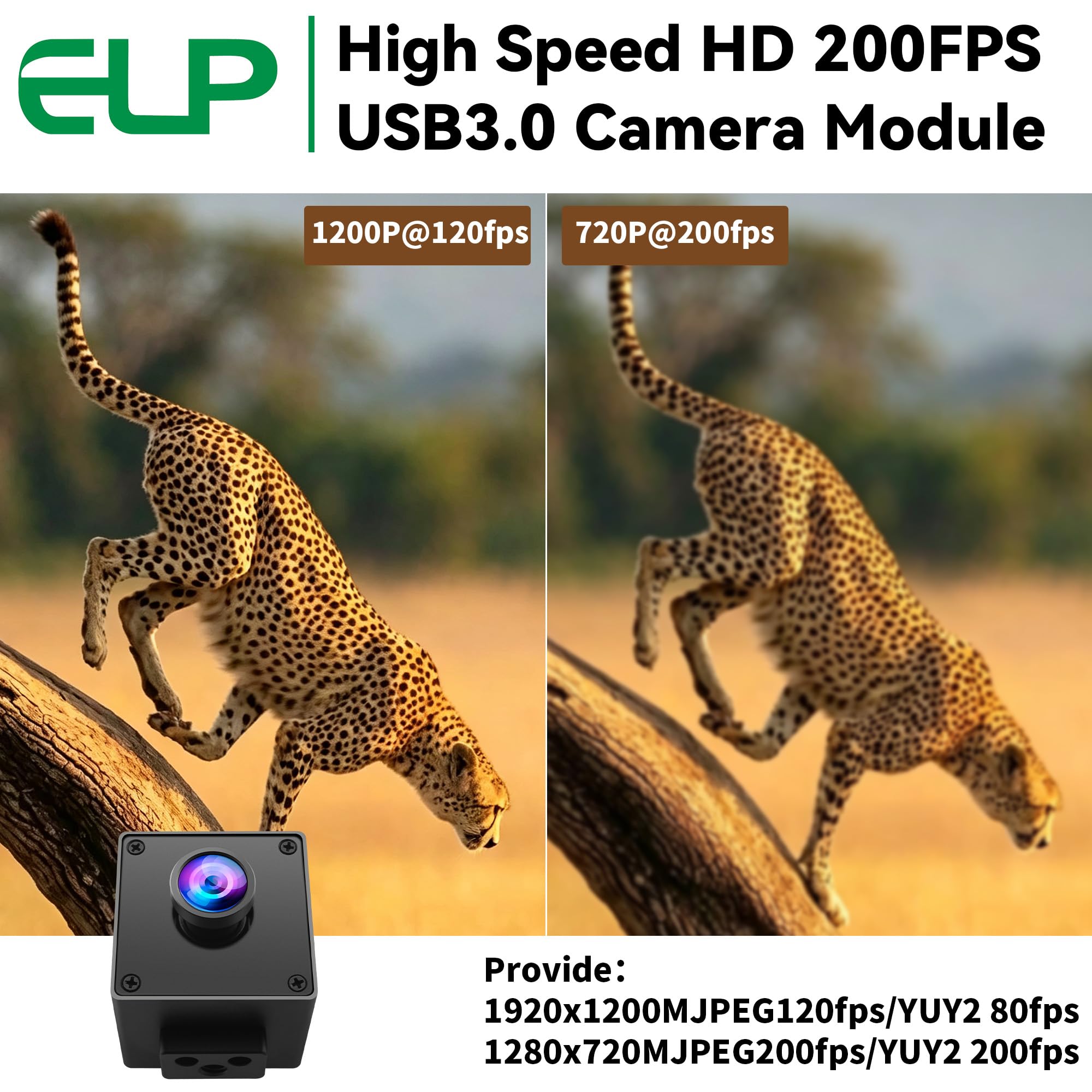 ELP Caméra USB 3.0 à obturateur global haute vitesse pour ordinateur, 720p/200 fps, 1080p/120 fps, grand angle 110 degrés sans distorsion, mini UVC USB 3.0/2.0 caméra PC à cadre rapide Lightburn pour