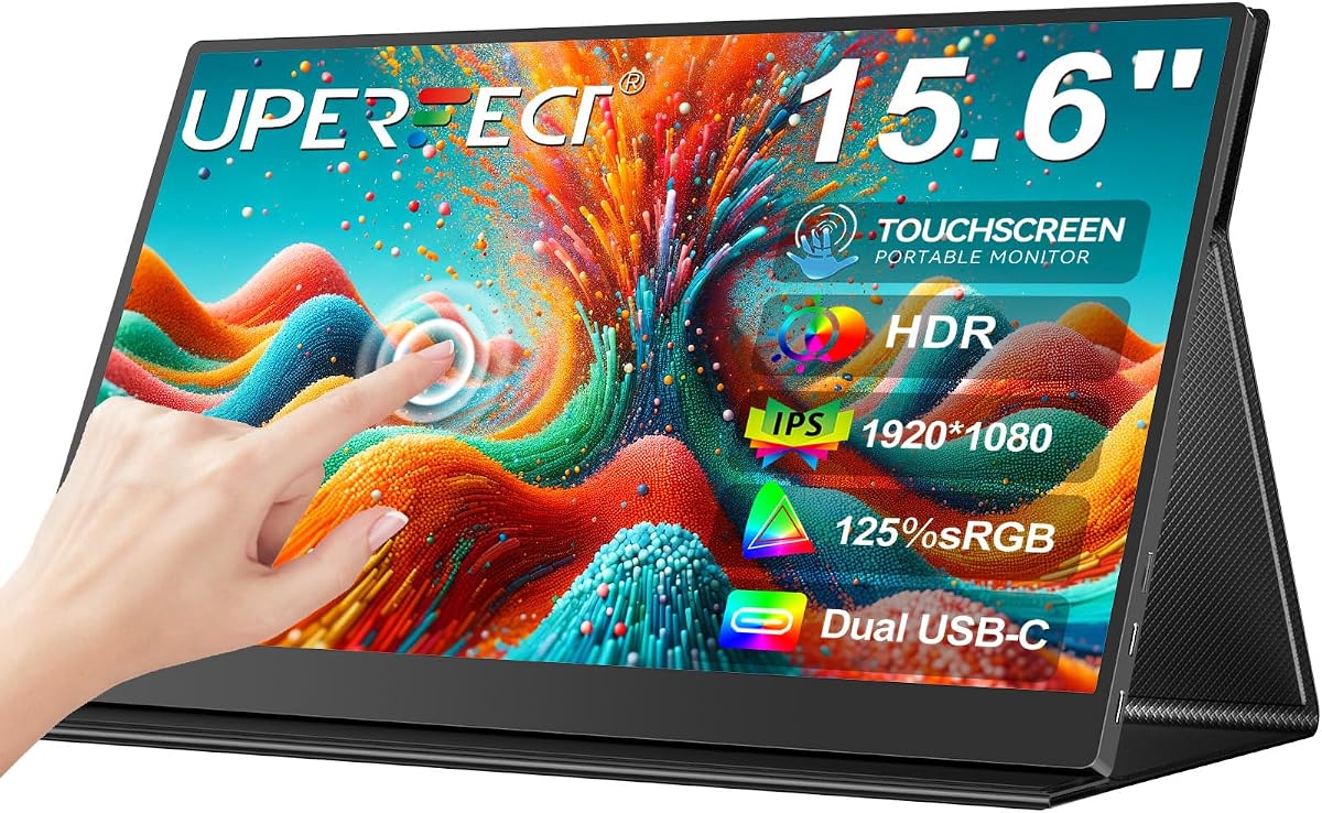 UPERFECT Portable Monitor Touchscreen 15.6" 125% sRGB Tragbarer Monitor Matt FHD 2000:1 Kontrastverhältnis Multifunktionale Ledertasche & Kompatibel VESA, Dual USB C für Laptop/Phone/Spielkonsole