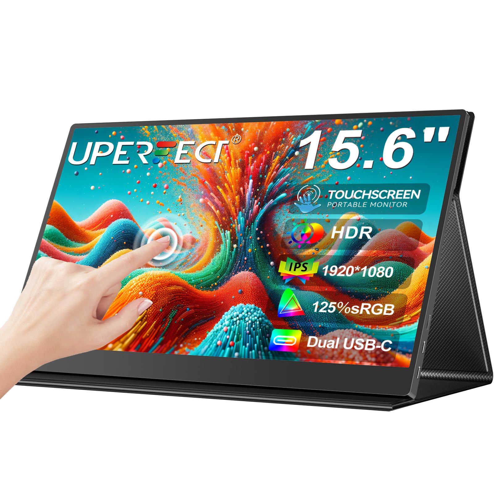 UPERFECT Portable Monitor Touchscreen 15.6" 125% sRGB Tragbarer Monitor Matt FHD 2000:1 Kontrastverhältnis Multifunktionale Ledertasche & Kompatibel VESA, Dual USB C für Laptop/Phone/Spielkonsole