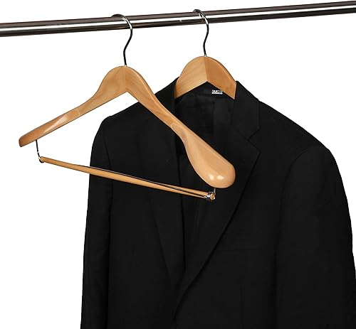 Miniatura 8 de Perchas de madera de hombro ancho de lujo paquete de 2 unidades con barra de bloqueo acabado natural liso colgador de madera para armario soporta