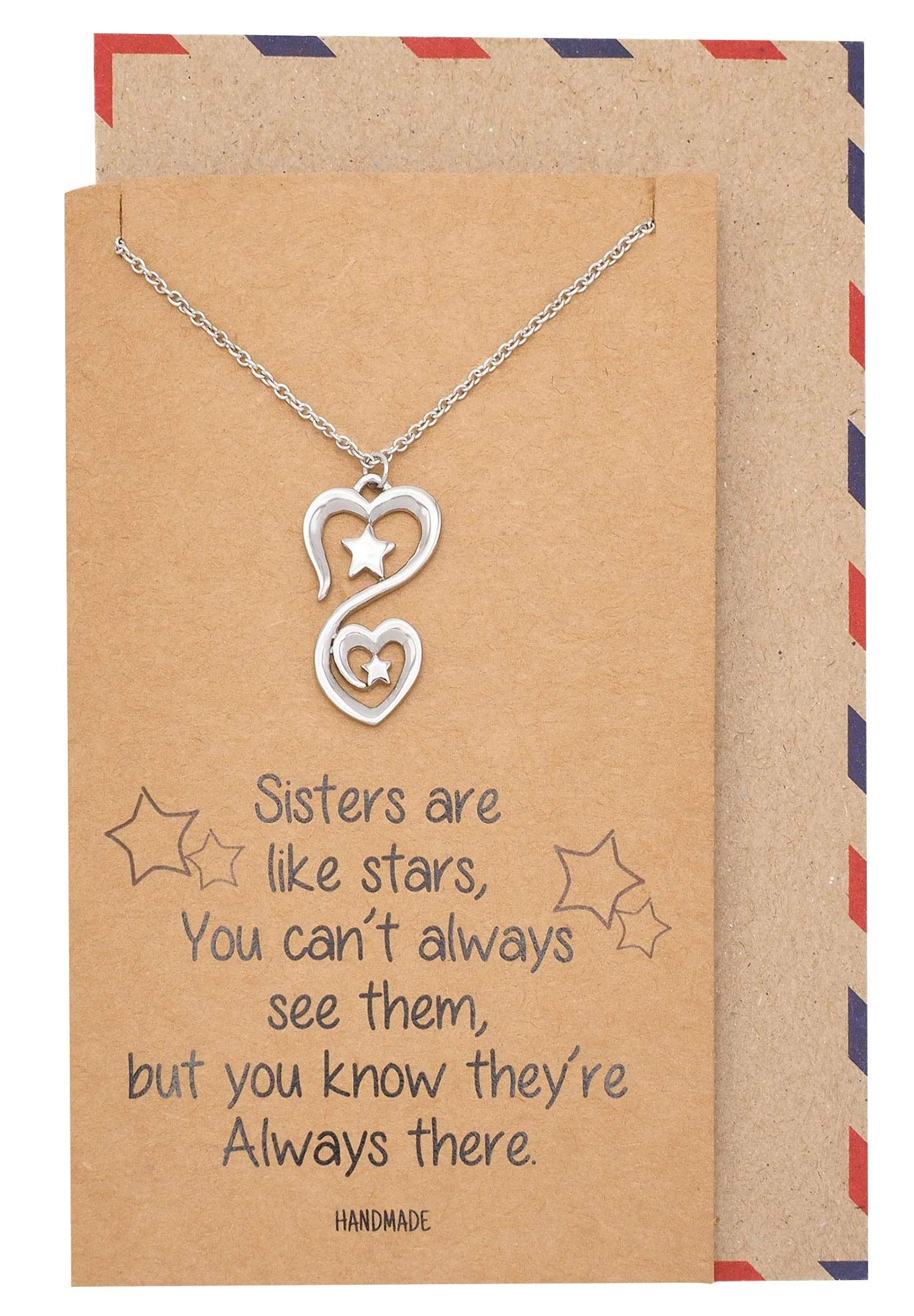 Quan Jewelry2 Stars 2 Hearts Pendant Necklace, Friendship Gifts, Birthday Gifts for Sister, Sisters Necklaces with Inspirational Quote on Greeting Card