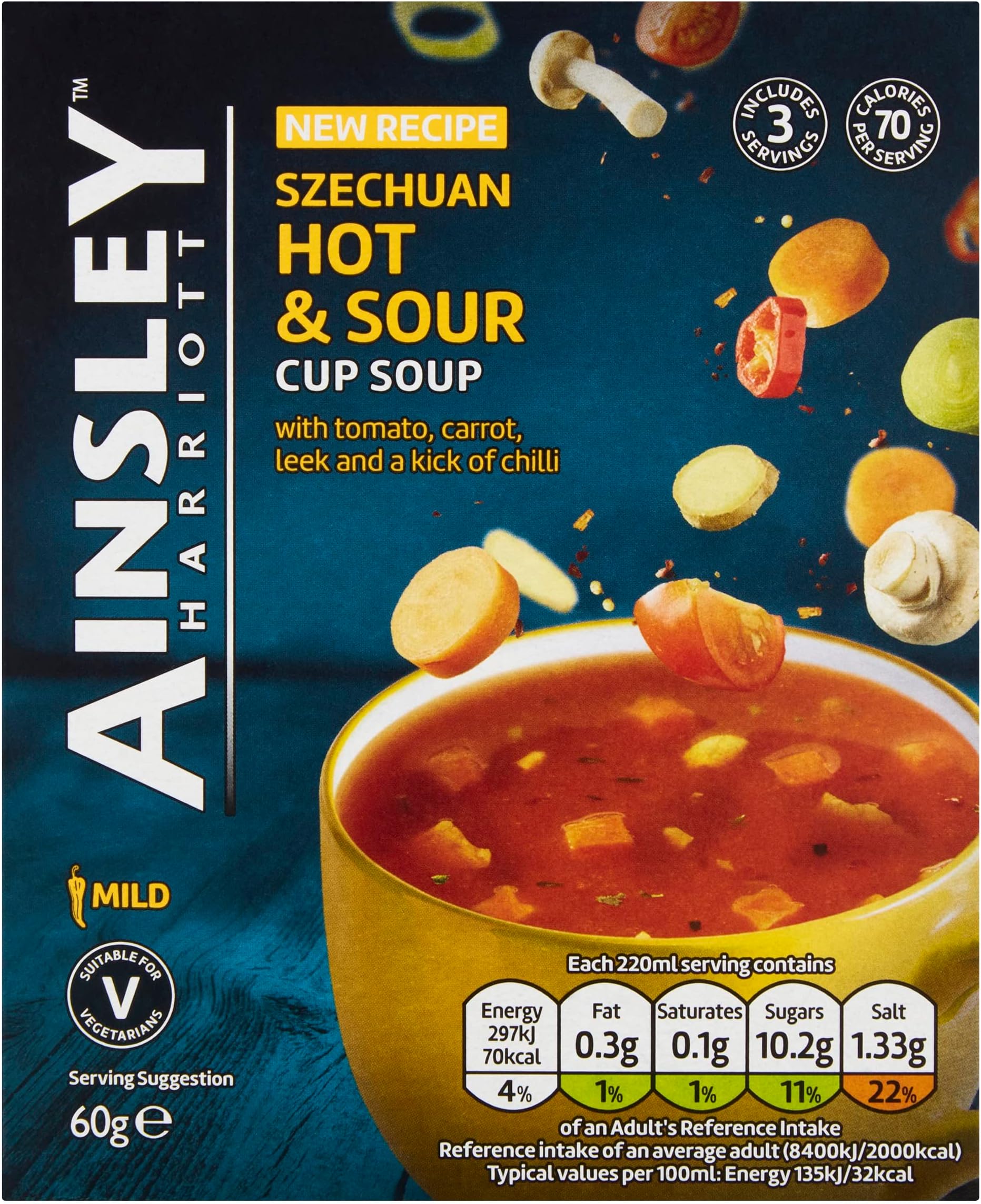 Ainsley Harriott Szechuan Hot and Sour Cup Soup, 60 g Pack of 8 x 3 Servings