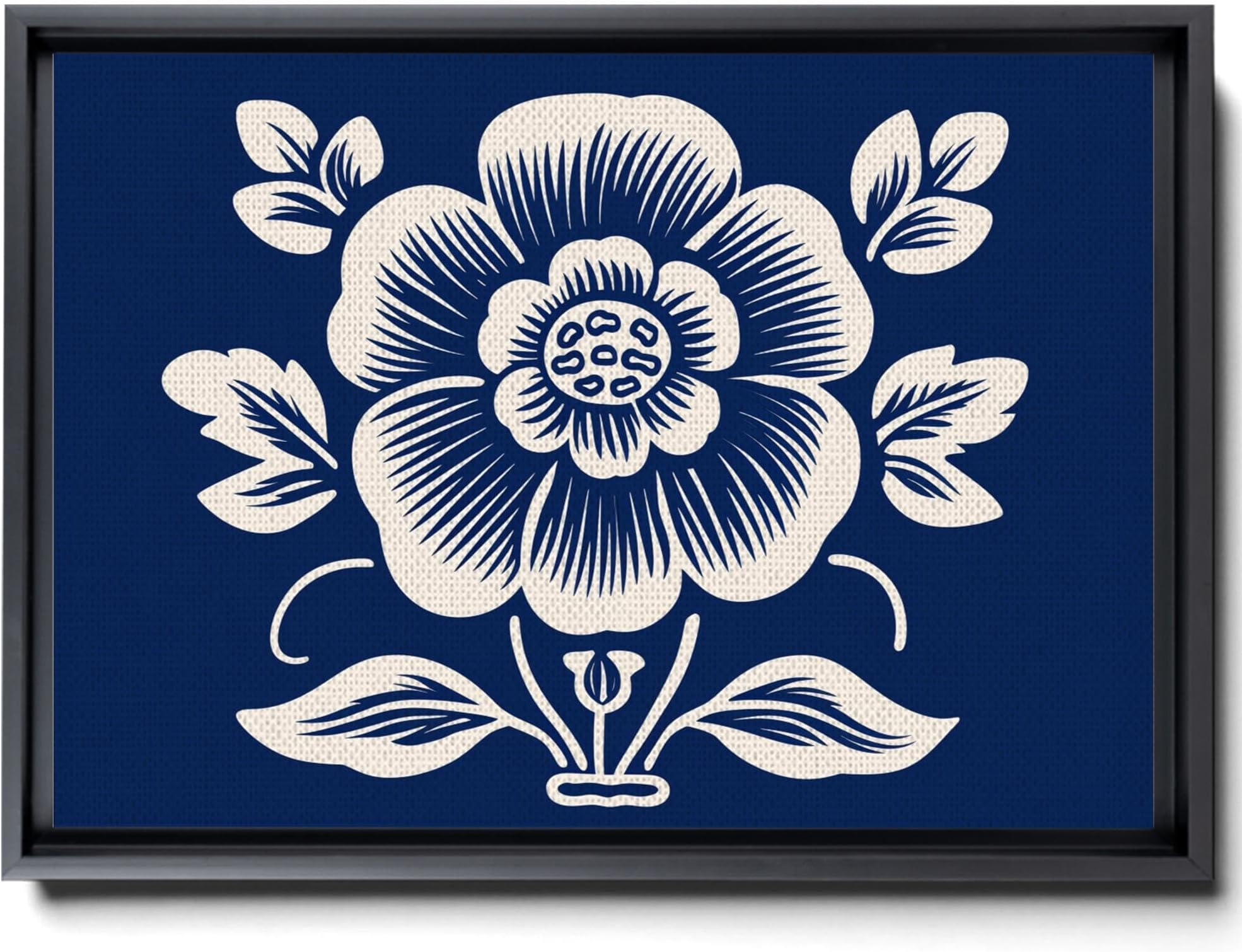 A Tile With A Large Blue Flower With Different Leaves, Negative Space Style, White And Navy Blue, Organic Bioforms, Canvas