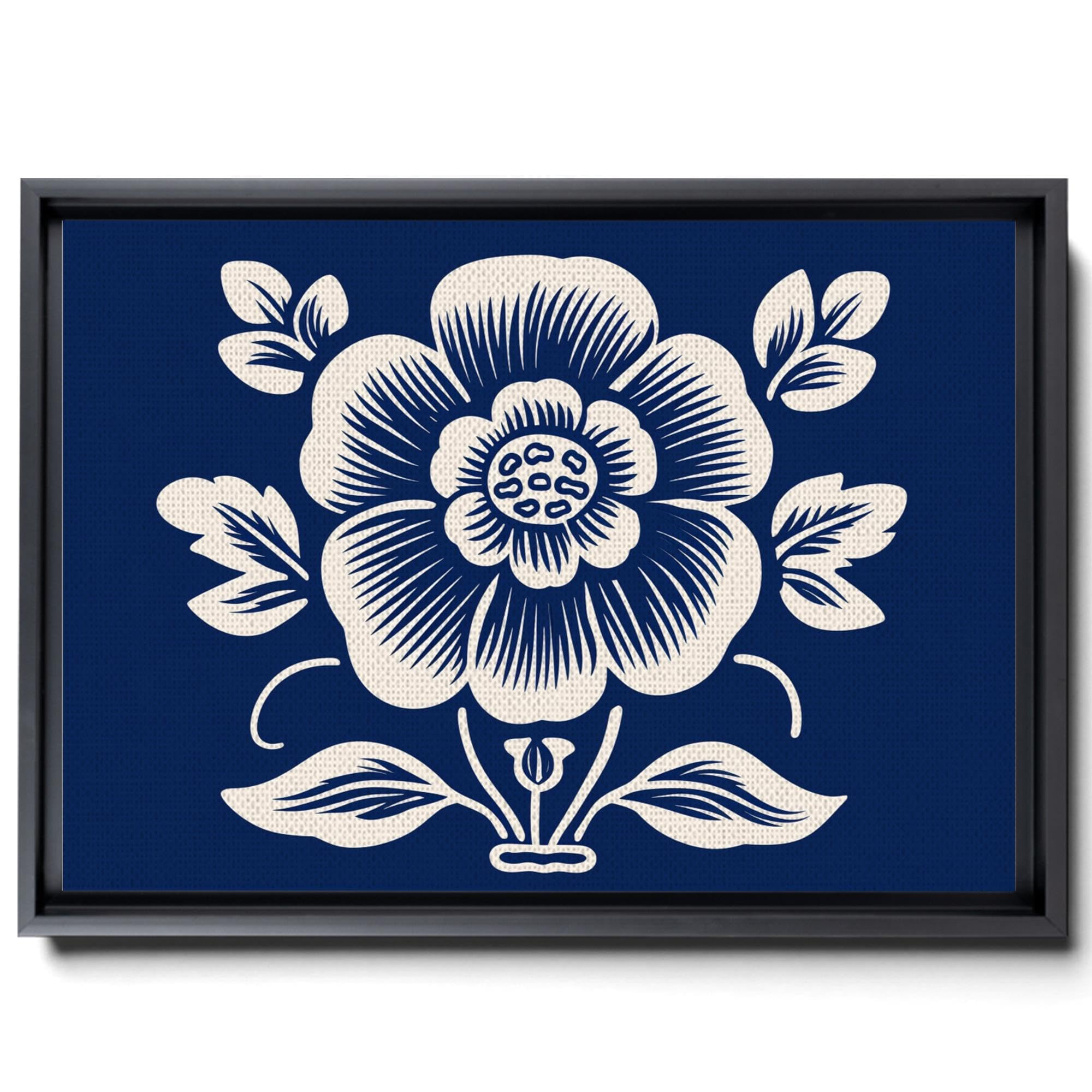 A Tile With A Large Blue Flower With Different Leaves, Negative Space Style, White And Navy Blue, Organic Bioforms, Canvas